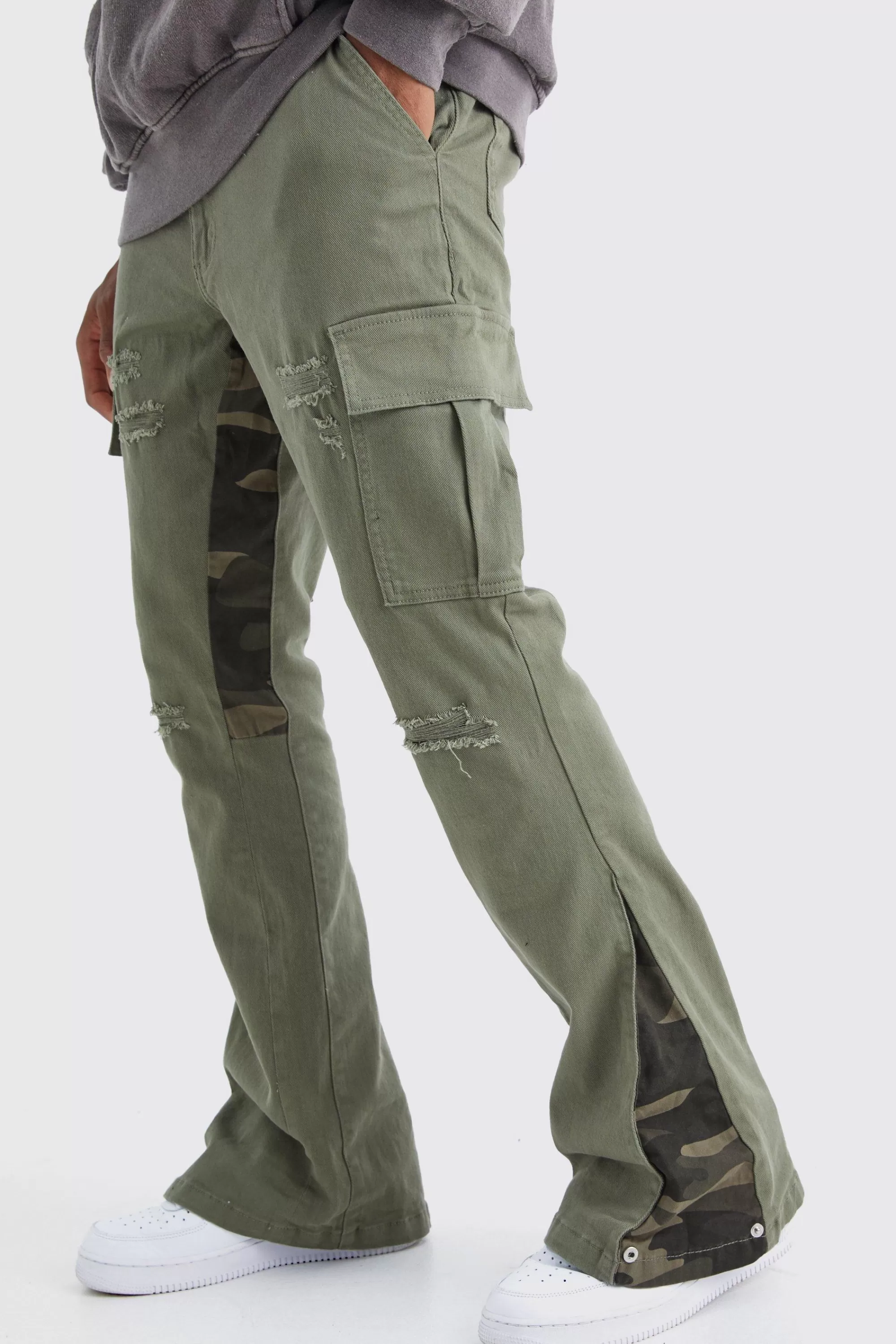 boohooMAN Slim Stacked Flare Camo Gusset Rip And Repair Trouser | UK