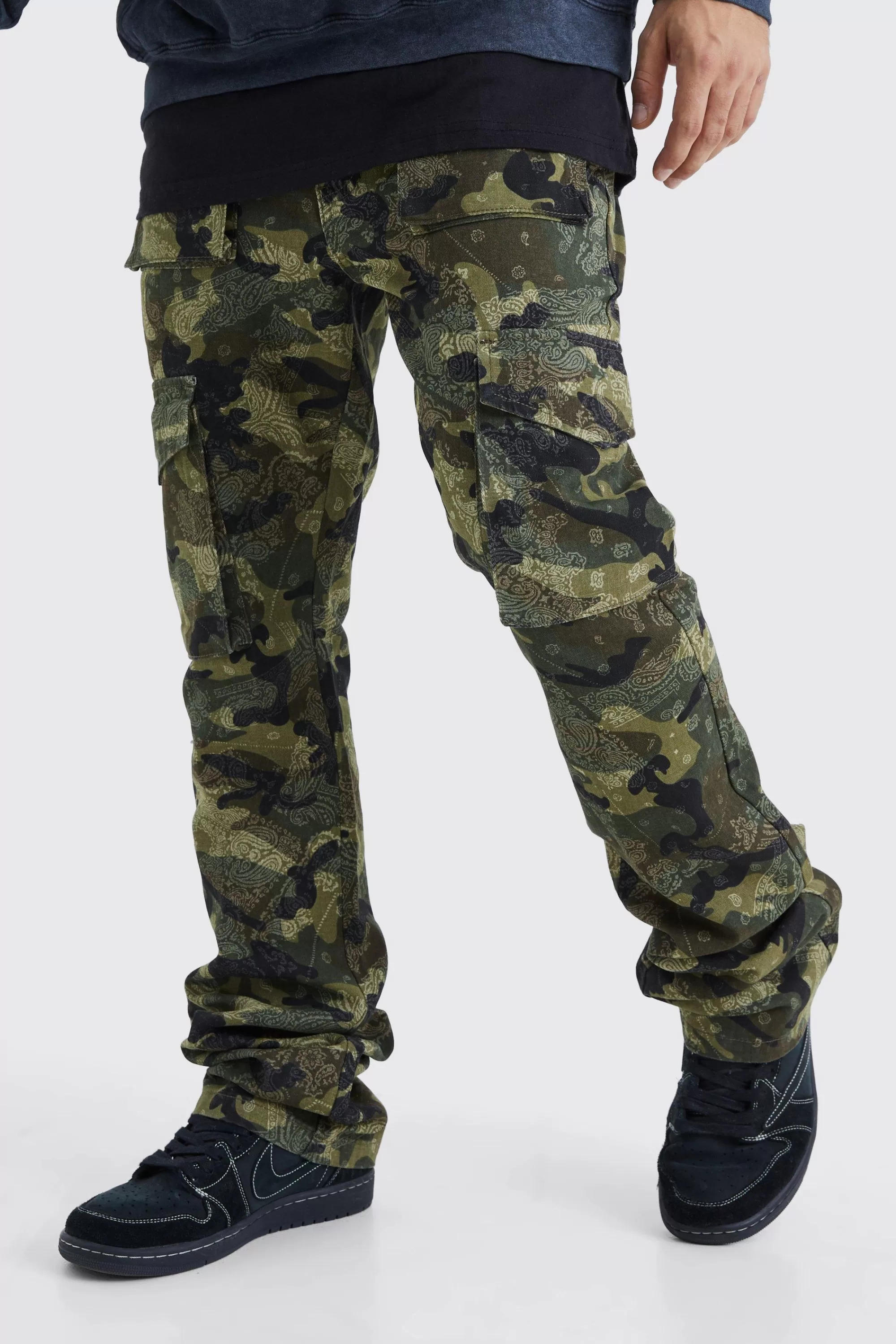 boohooMAN Slim Stacked Flare Multi Cargo Camo Bandana Trouser | UK