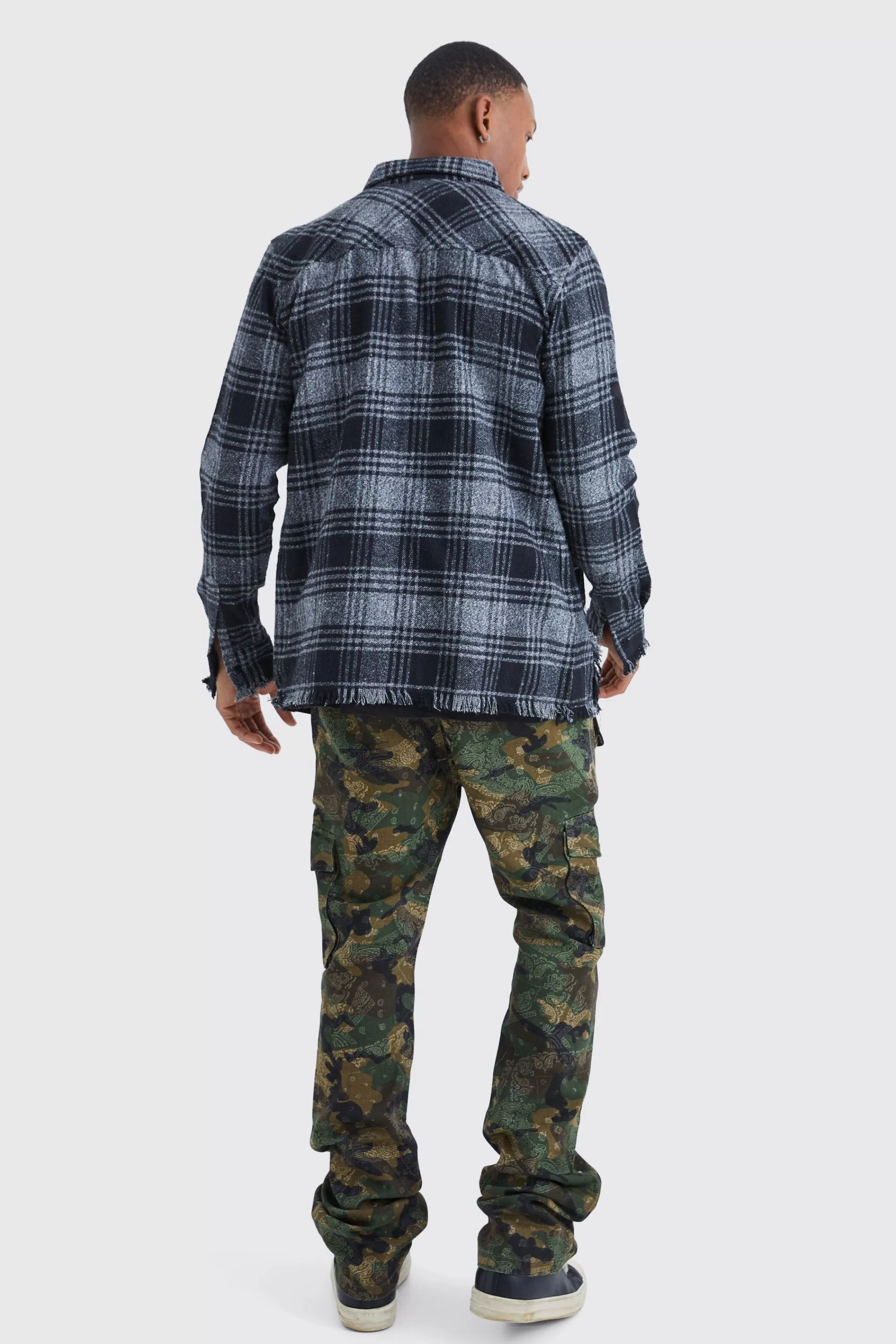 boohooMAN Slim Stacked Flare Multi Cargo Camo Bandana Trouser | UK