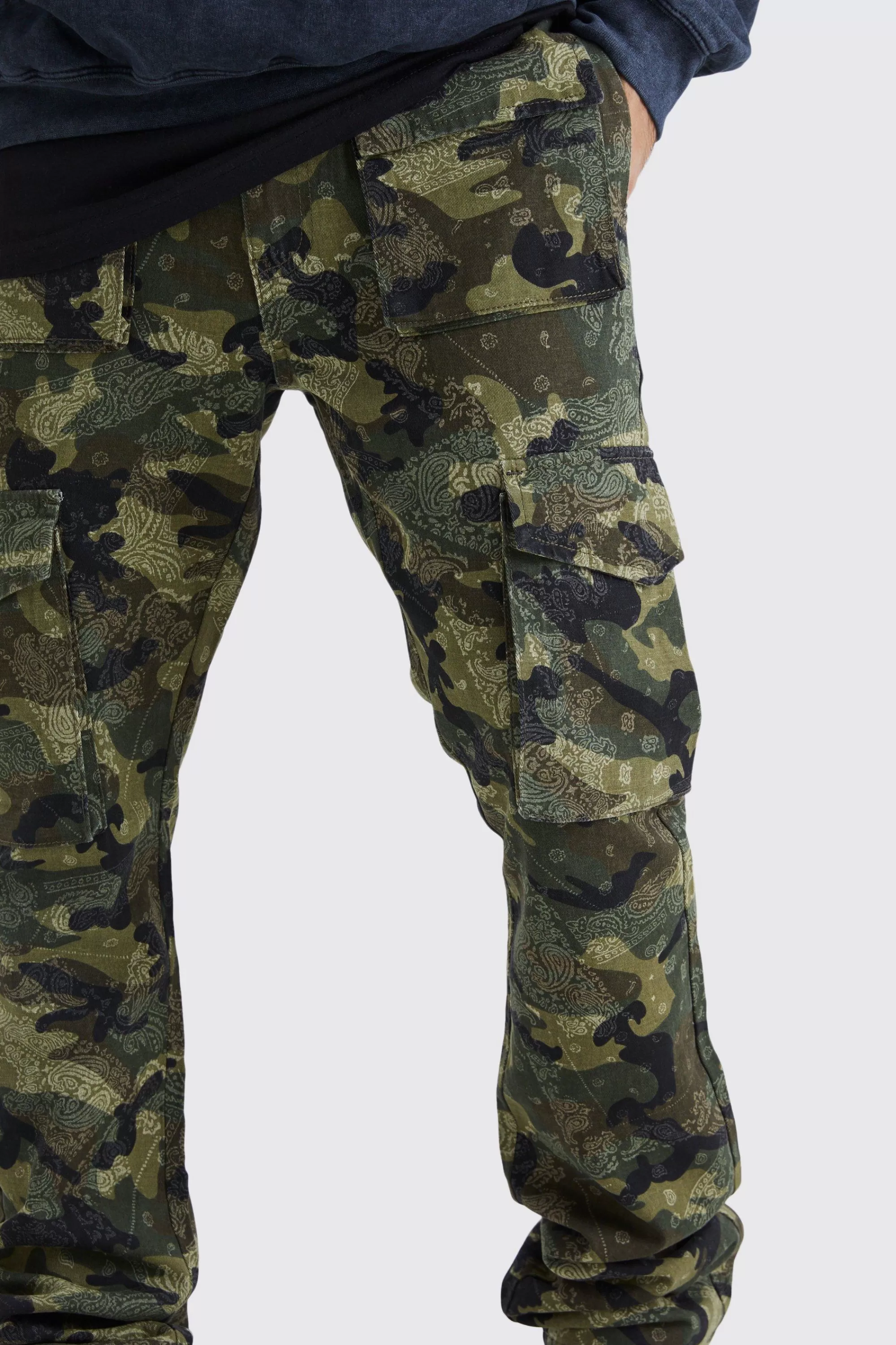 boohooMAN Slim Stacked Flare Multi Cargo Camo Bandana Trouser | UK