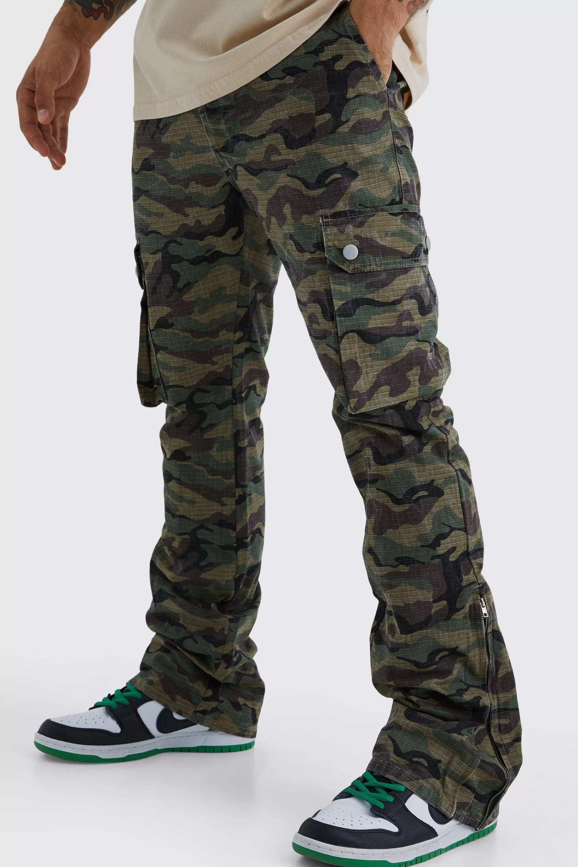 boohooMAN Slim Stacked Zip Gusset Cargo Camo Ripstop Trouser | UK