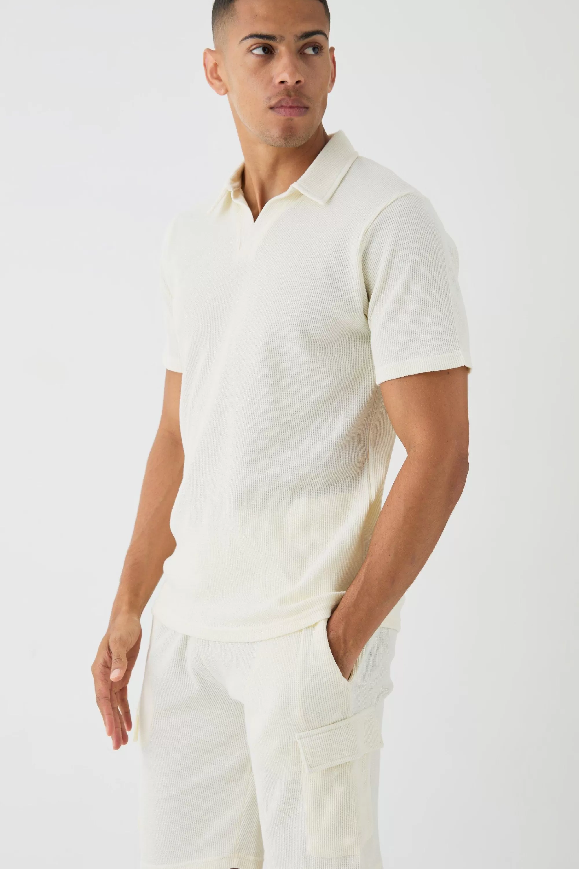 boohooMAN Slim Waffle Revere Polo And Cargo Shorts Set | UK