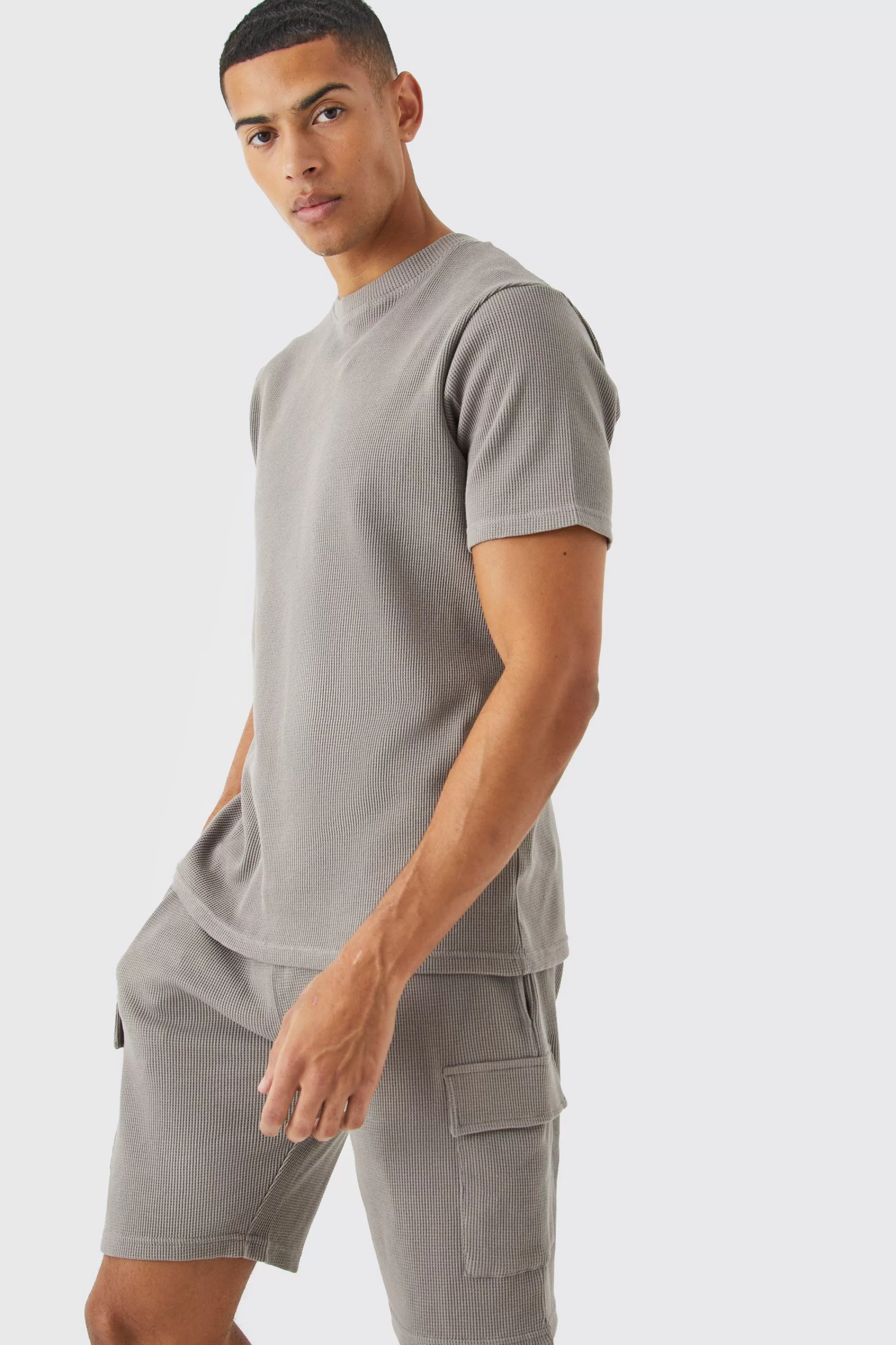 boohooMAN Slim Waffle T-shirt & Cargo Short Set | UK