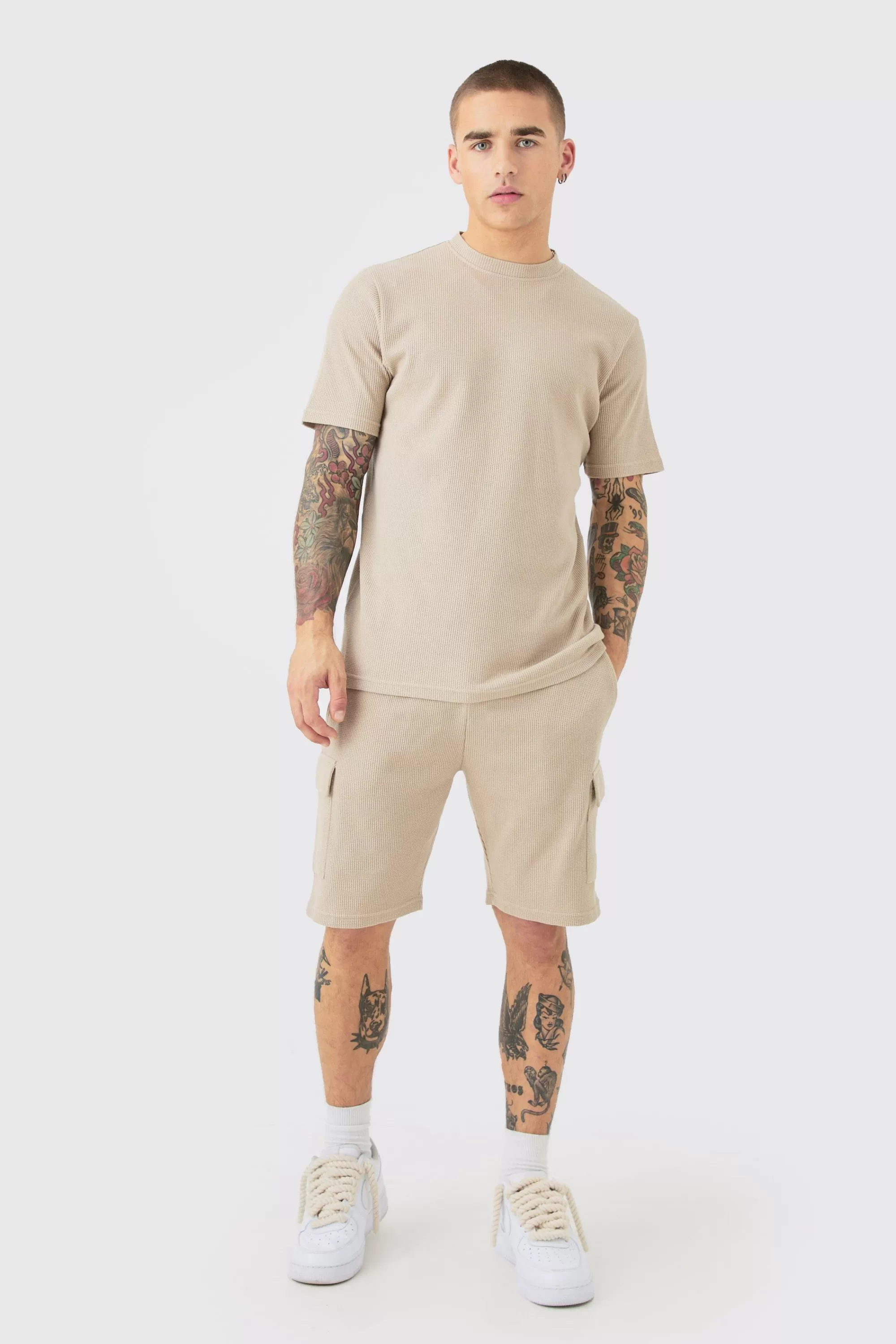 boohooMAN Slim Waffle T-shirt & Cargo Short Set | UK