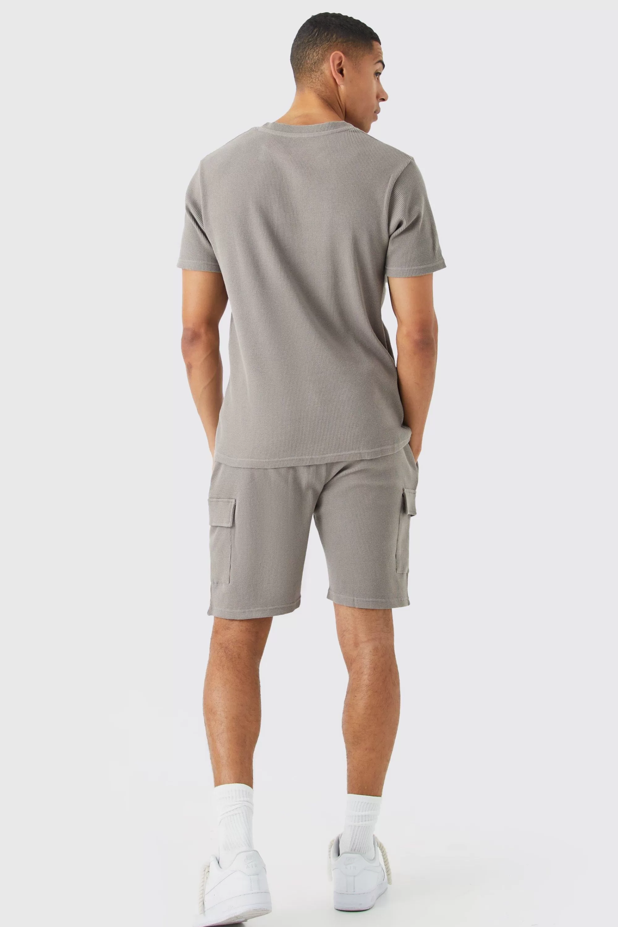boohooMAN Slim Waffle T-shirt & Cargo Short Set | UK