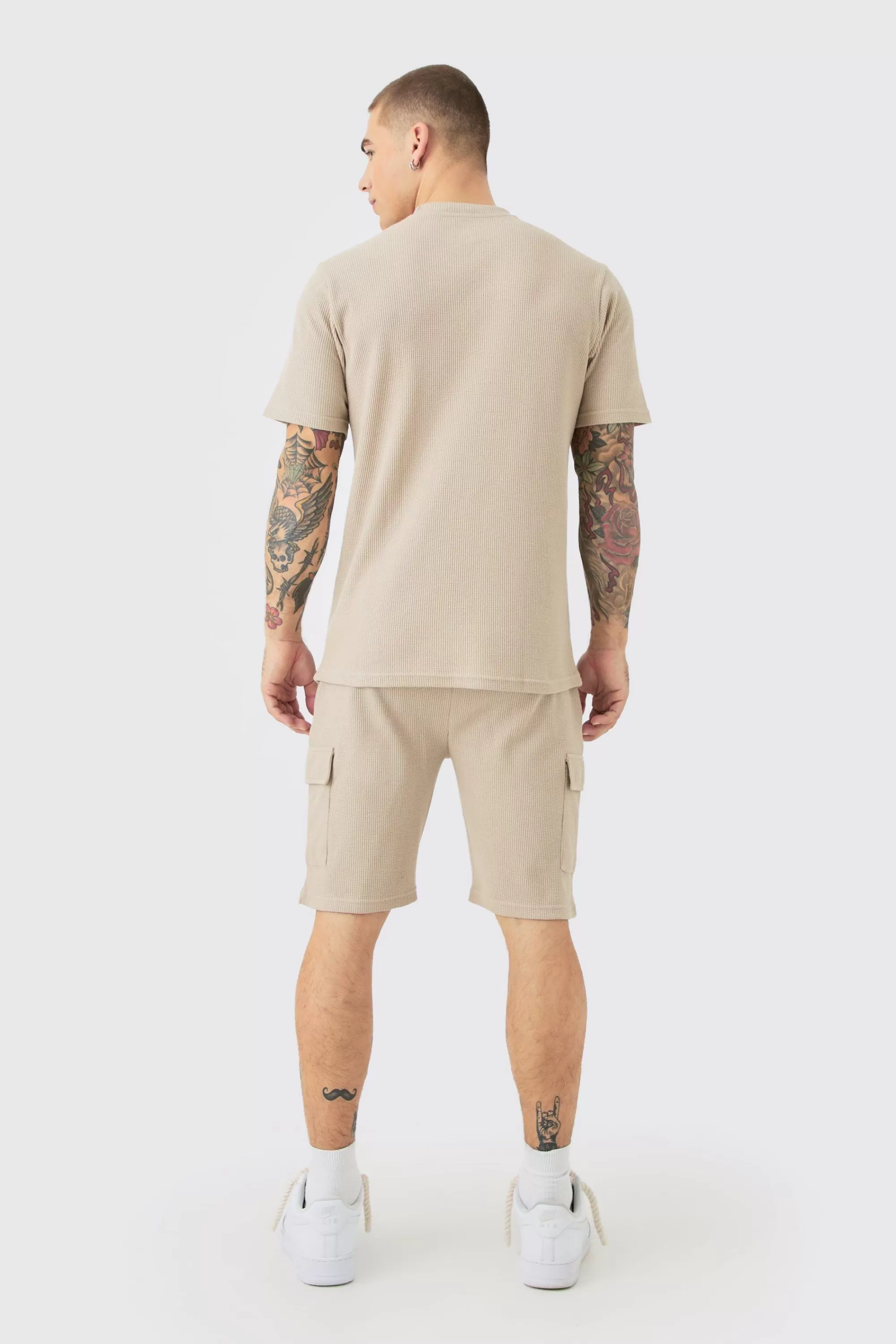 boohooMAN Slim Waffle T-shirt & Cargo Short Set | UK