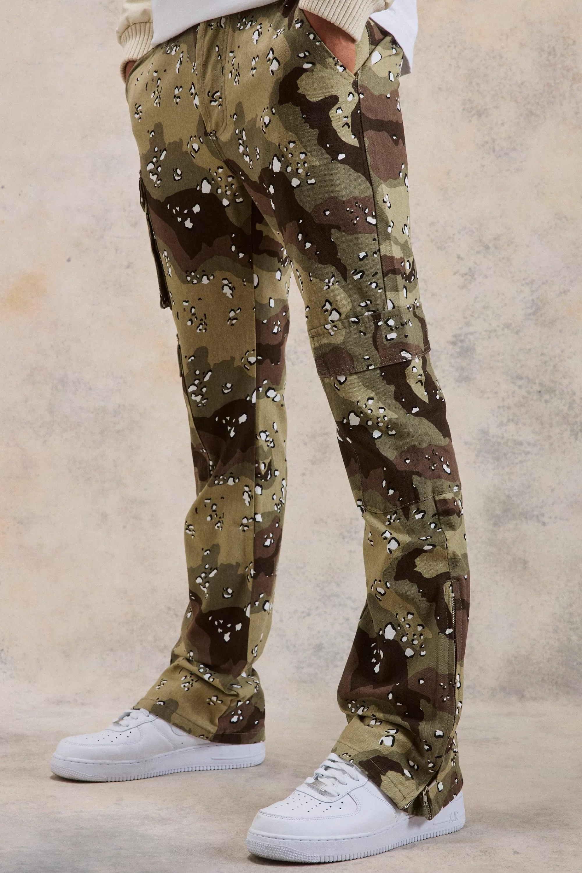 boohooMAN Slim Zip Flare Gusset Multi Cargo Camo Trouser | UK