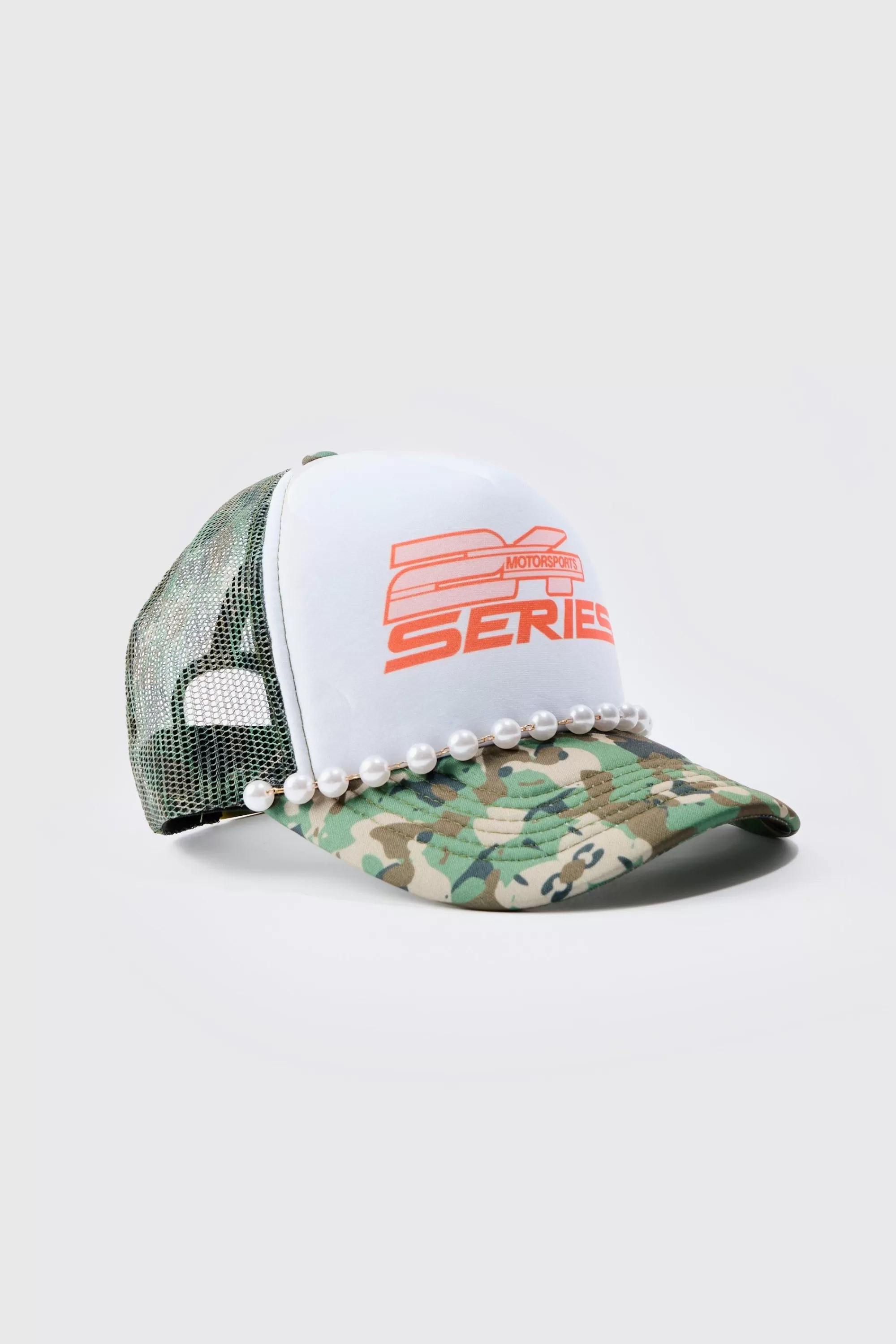 boohooMAN Slogan Foam Front Trucker Camo Cap With Pearl Detail In | UK