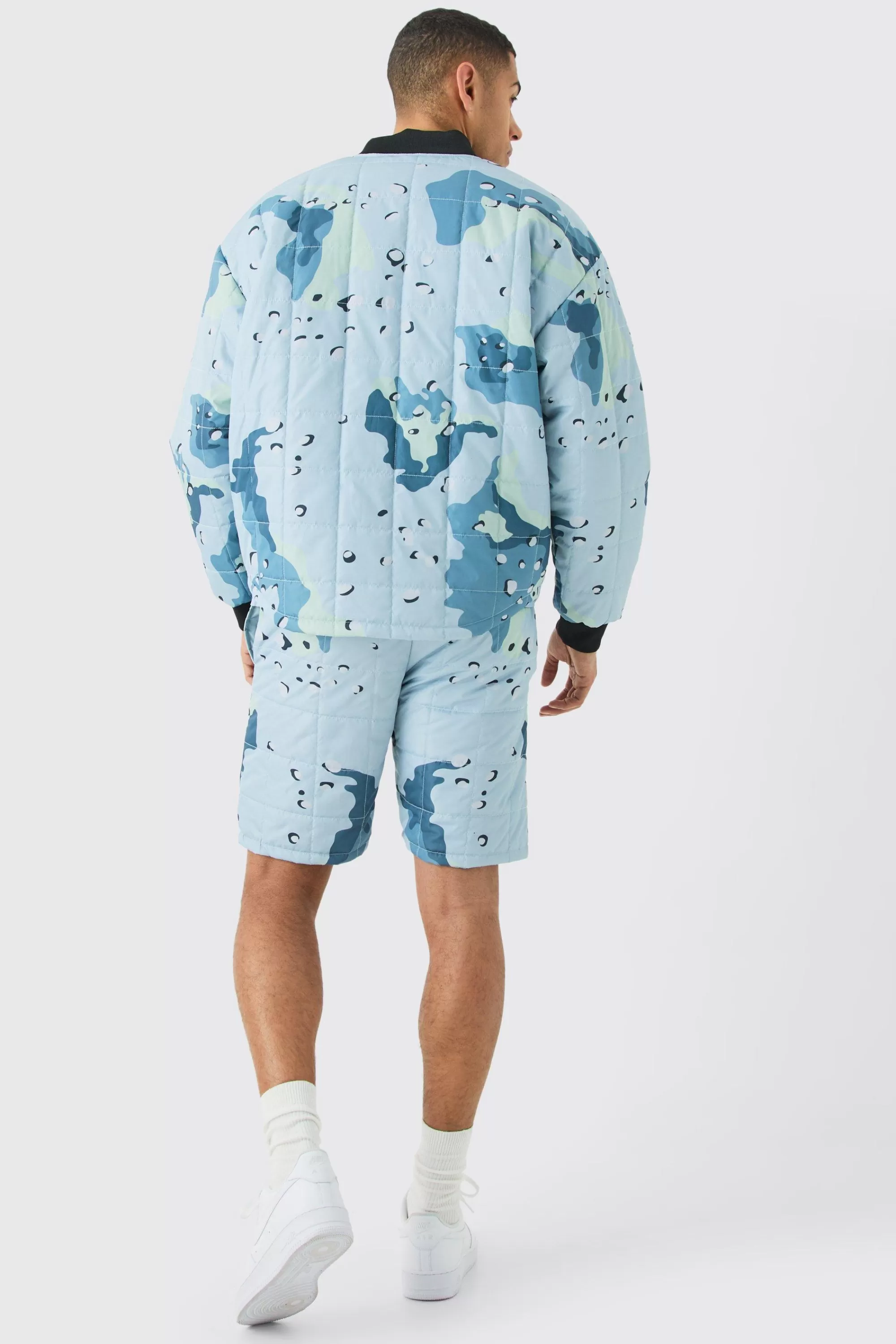 boohooMAN Square Quilted Camo Short & Bomber Jacket Set | UK