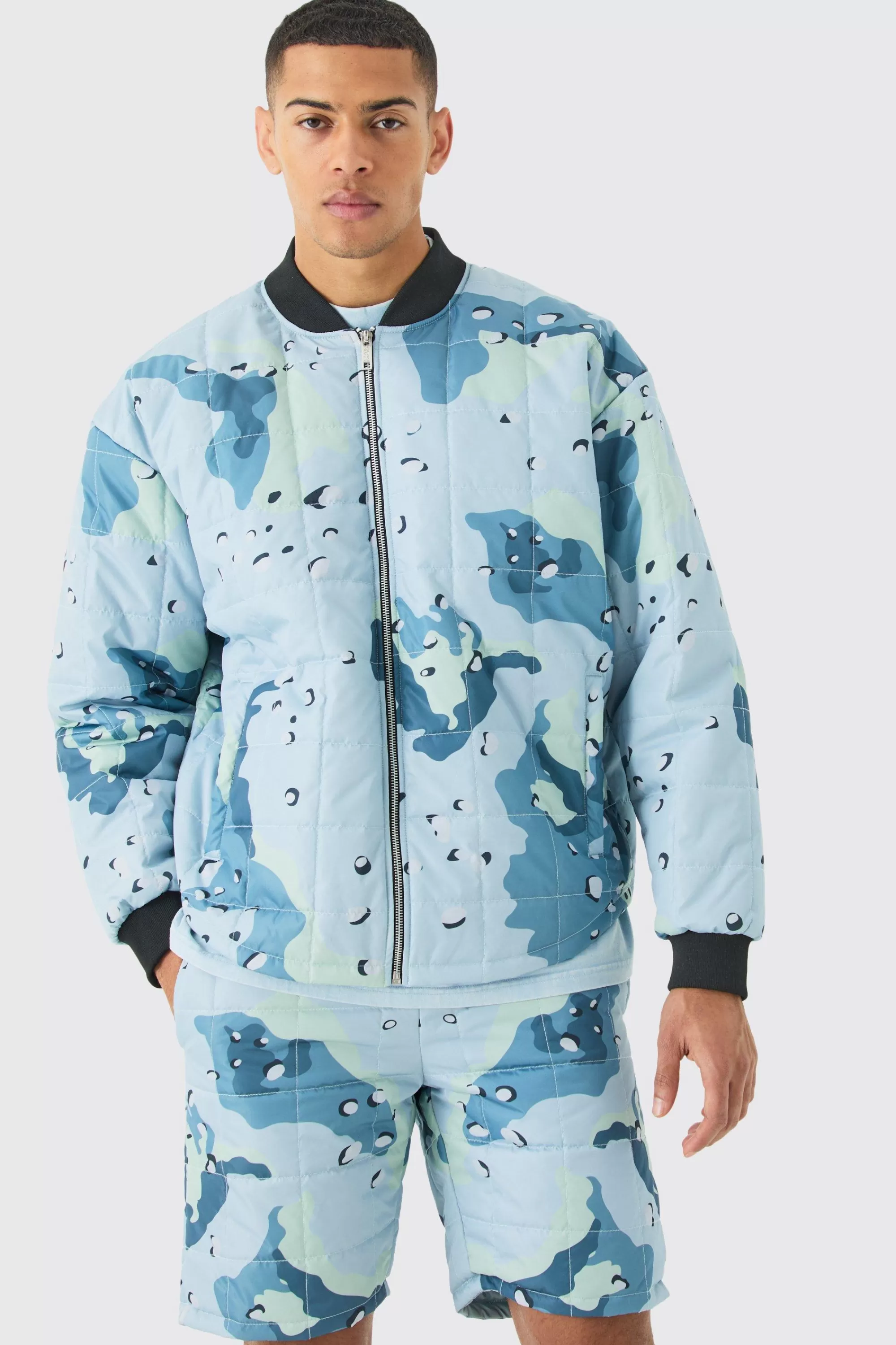 boohooMAN Square Quilted Camo Short & Bomber Jacket Set | UK