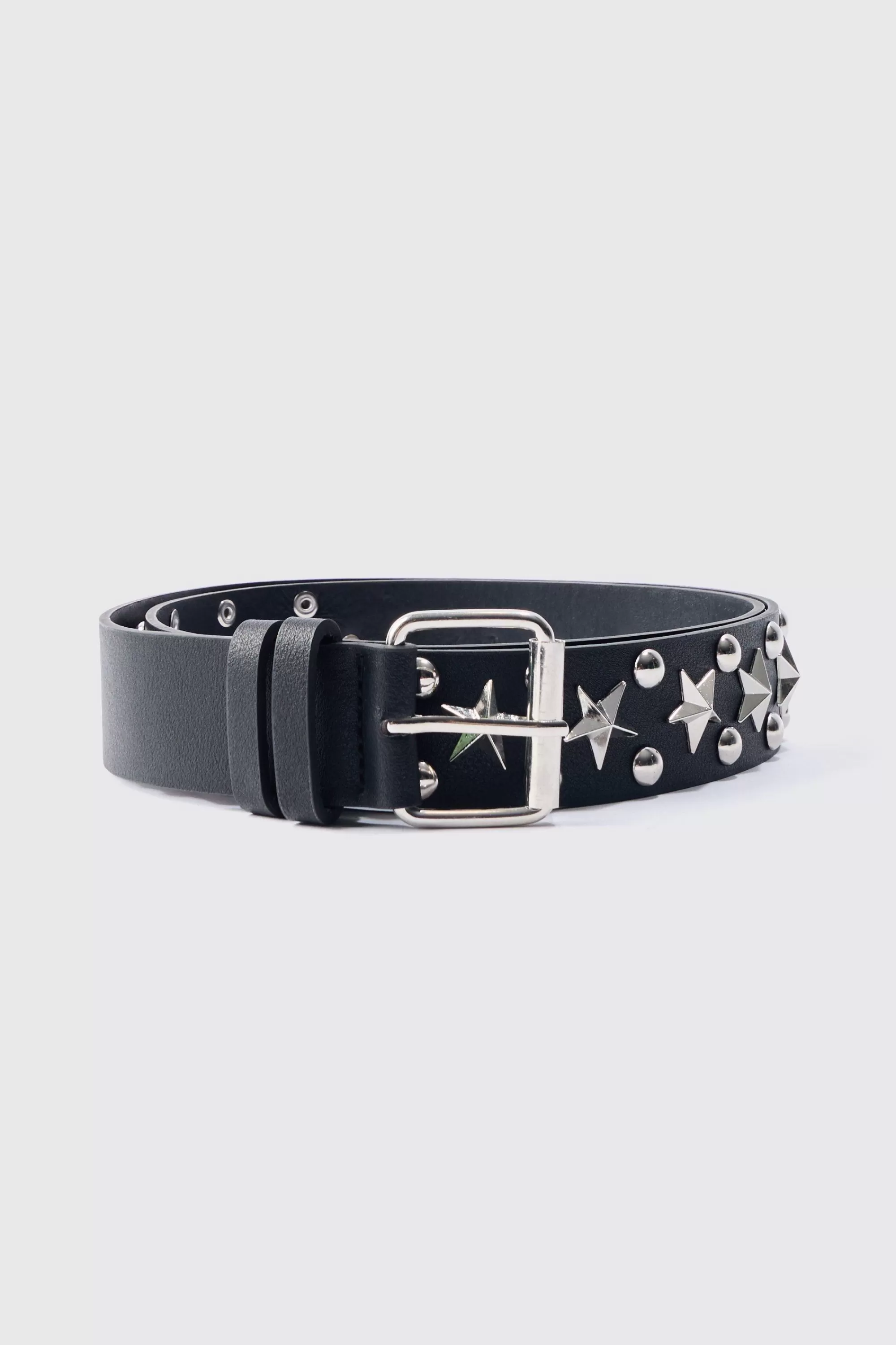 boohooMAN Star Studded Silver Buckle Belt | UK