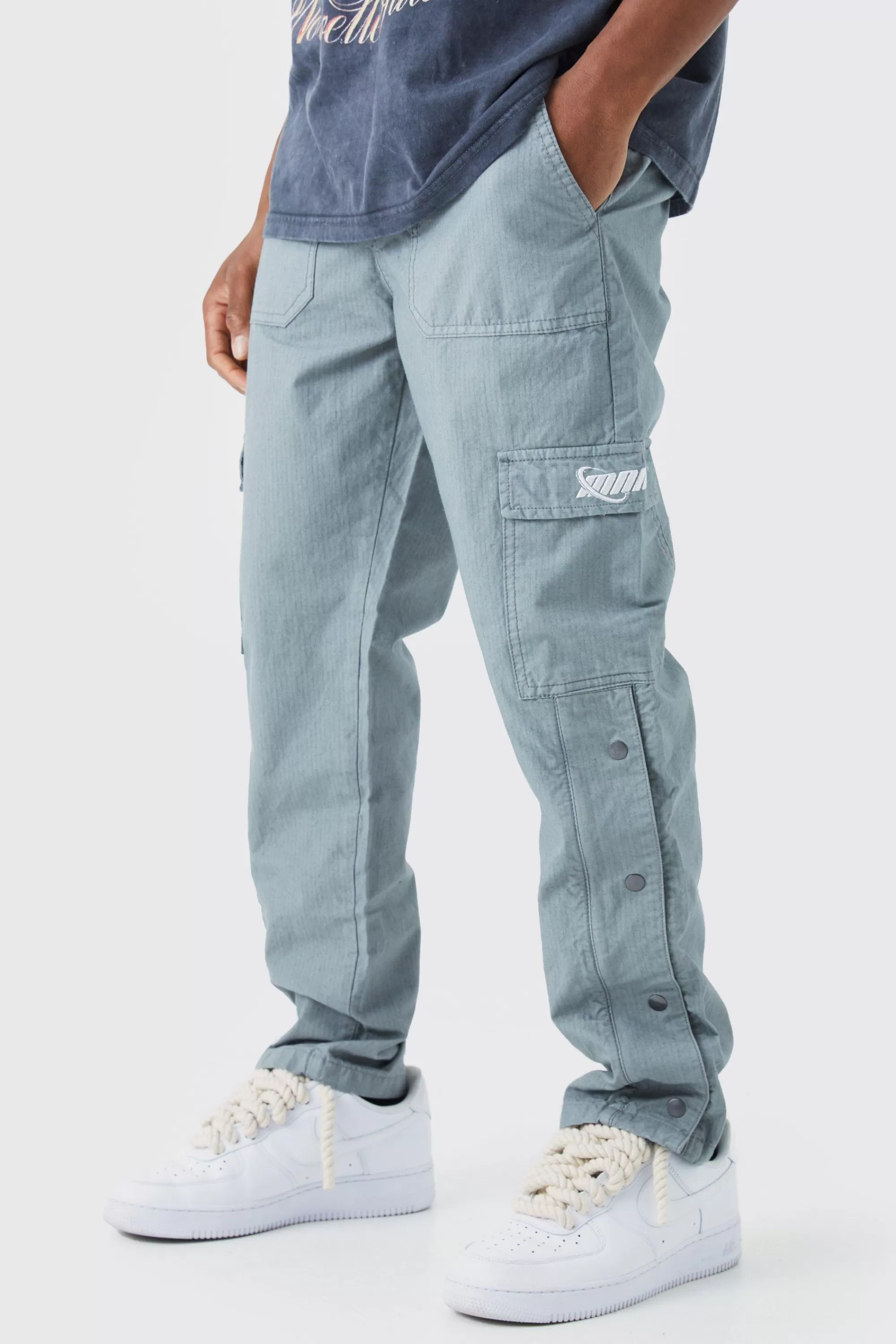 boohooMAN Straight Leg Cargo Popper Hem Ripstop Branded Trouser | UK