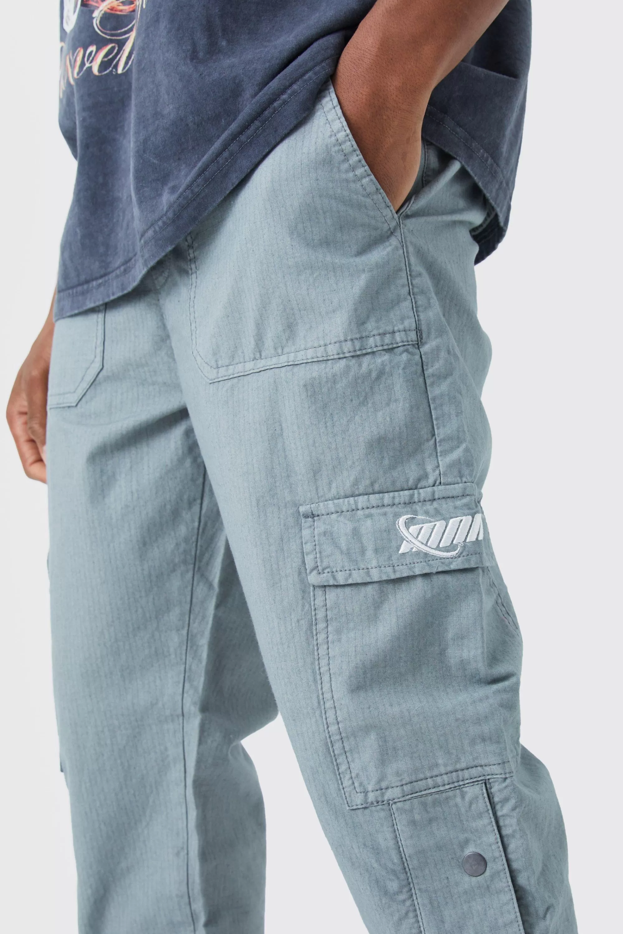 boohooMAN Straight Leg Cargo Popper Hem Ripstop Branded Trouser | UK
