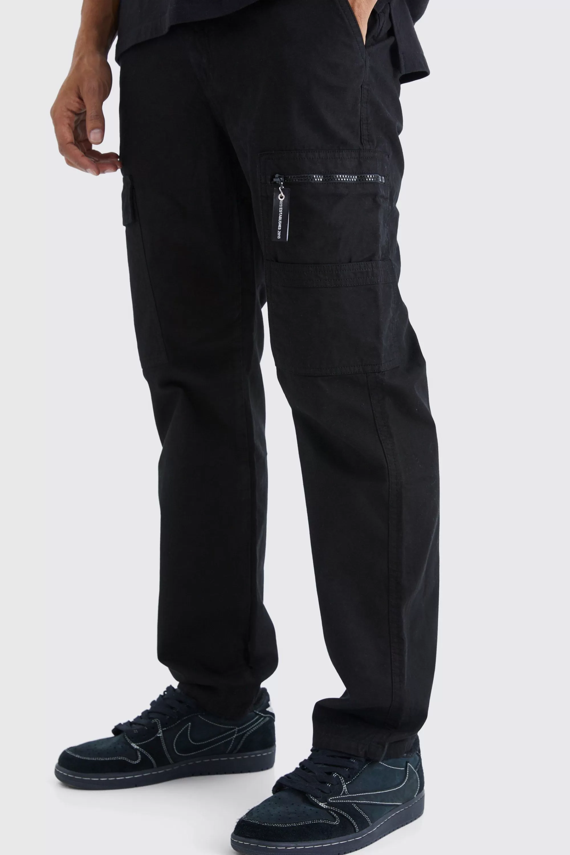 boohooMAN Straight Leg Cargo Trouser With Branded Zip Puller | UK