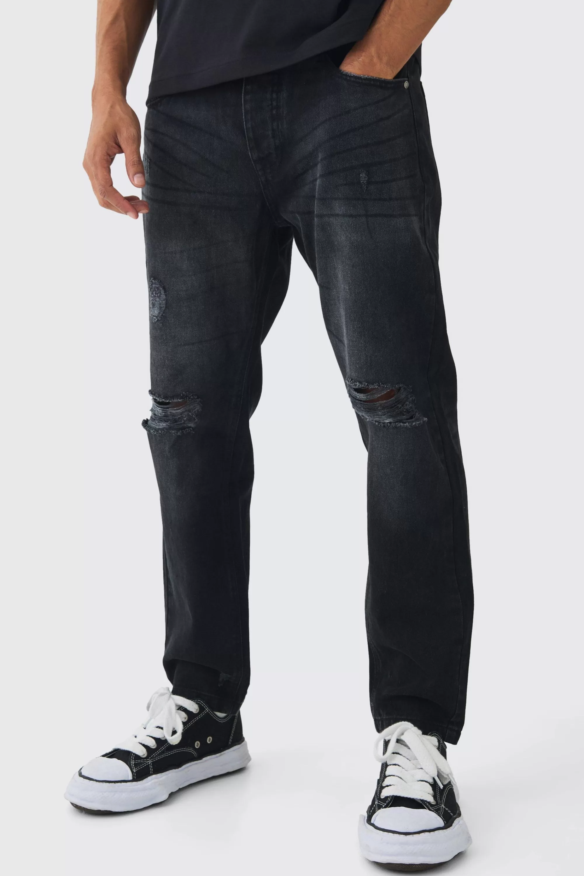 boohooMAN Straight Leg Distressed Ripped Knee Jeans | UK