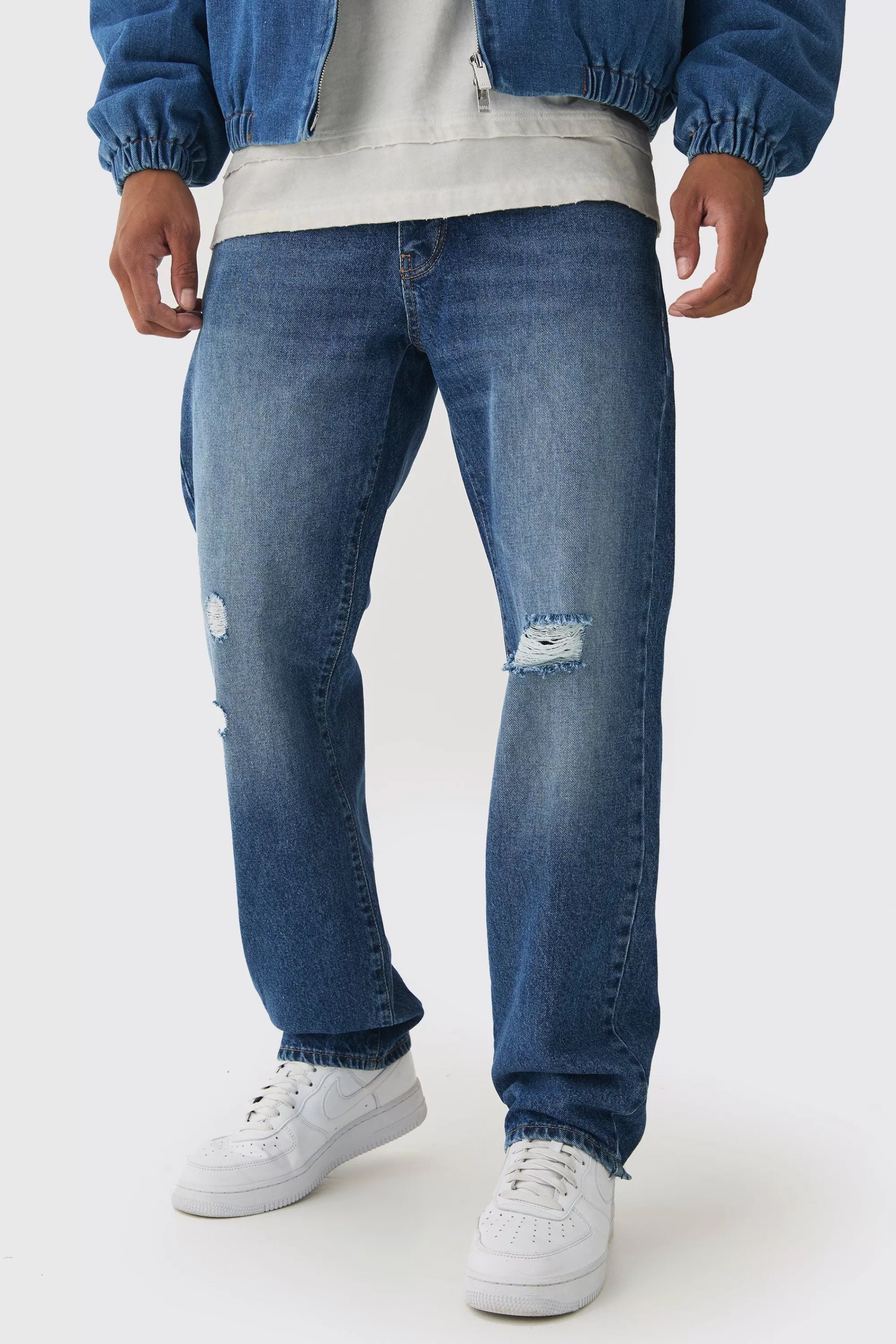 boohooMAN Straight Leg Rigid Ripped Knee Tinted Jeans | UK