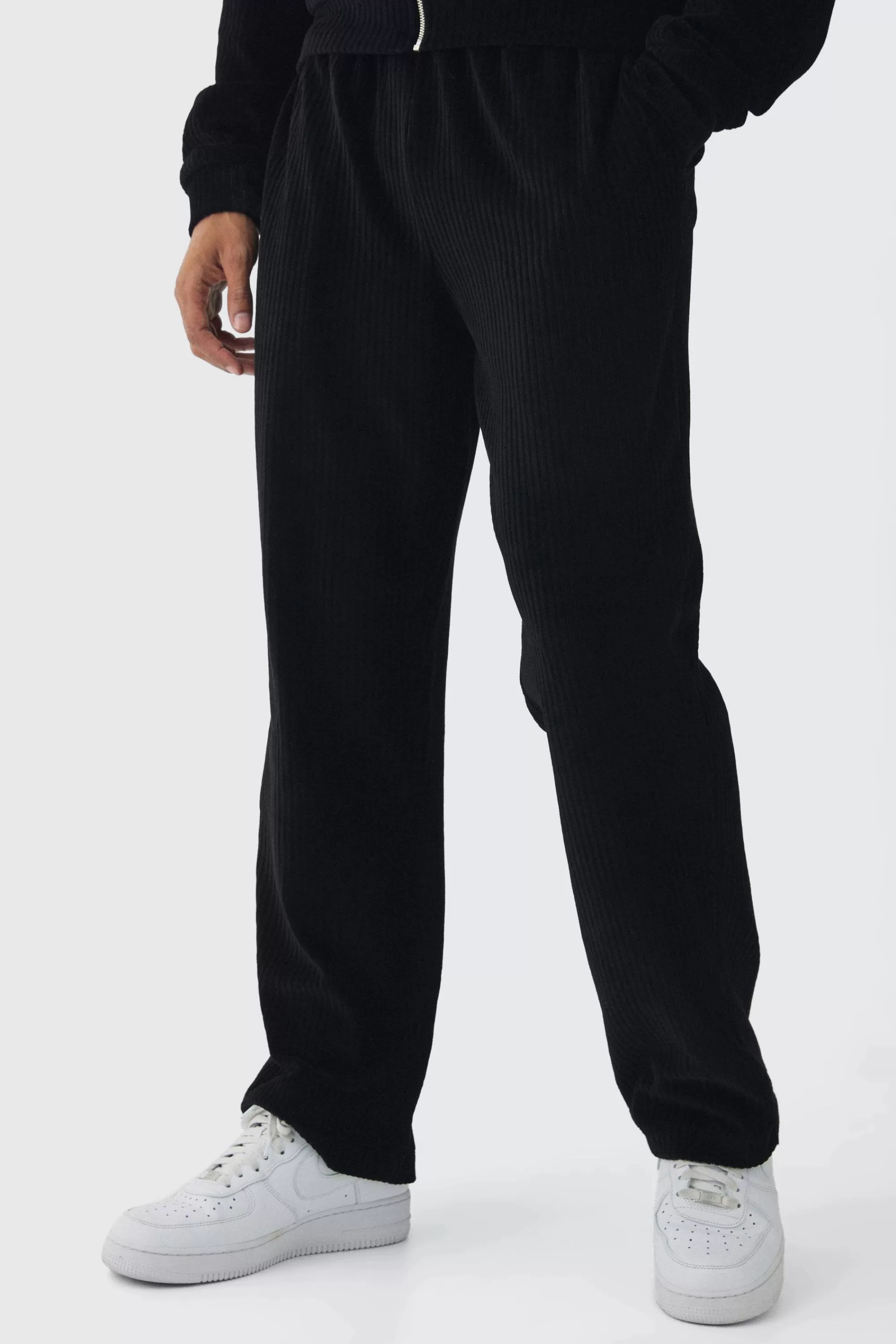 boohooMAN Straight Leg Velour Pleated Jogger | UK