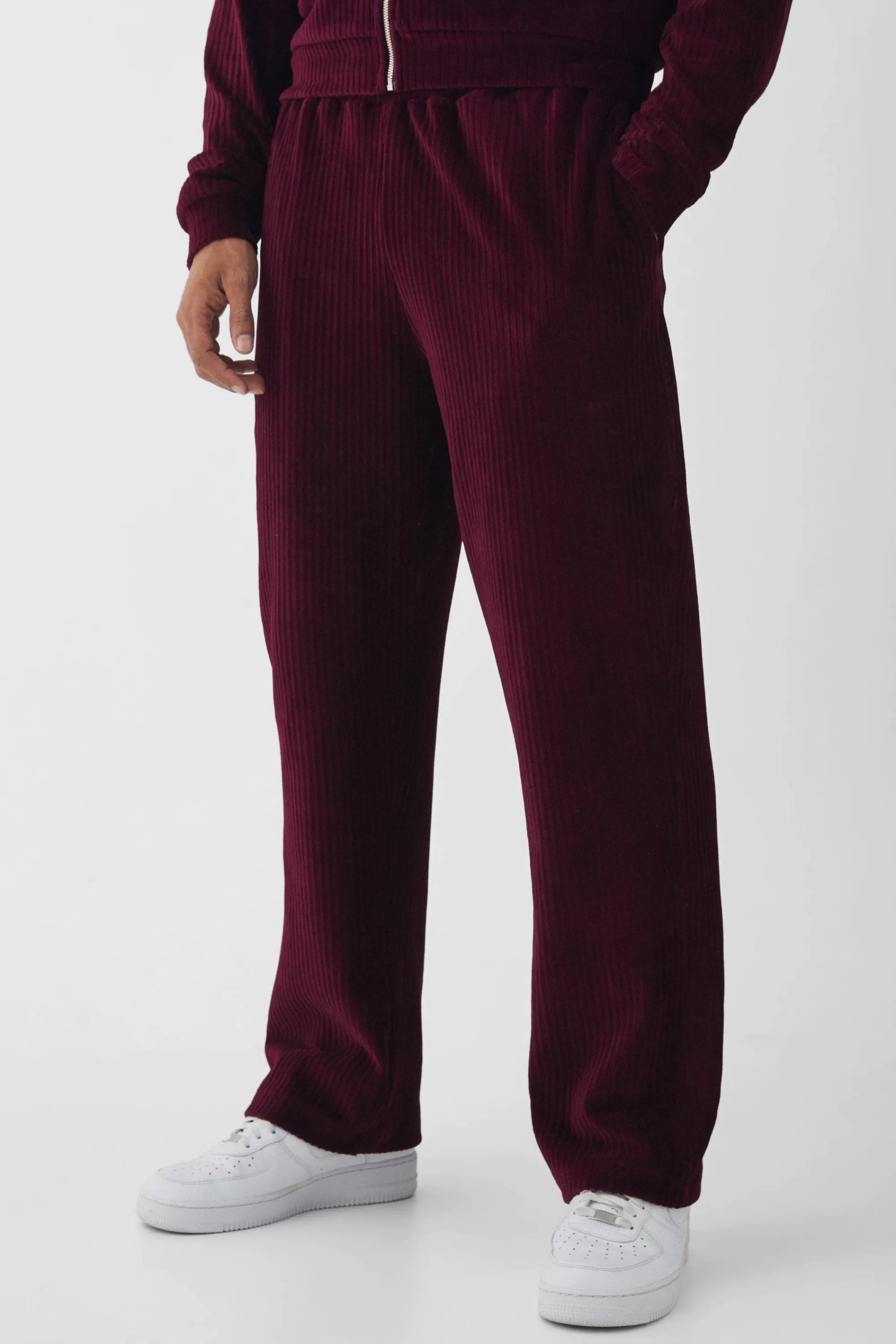 boohooMAN Straight Leg Velour Pleated Jogger | UK