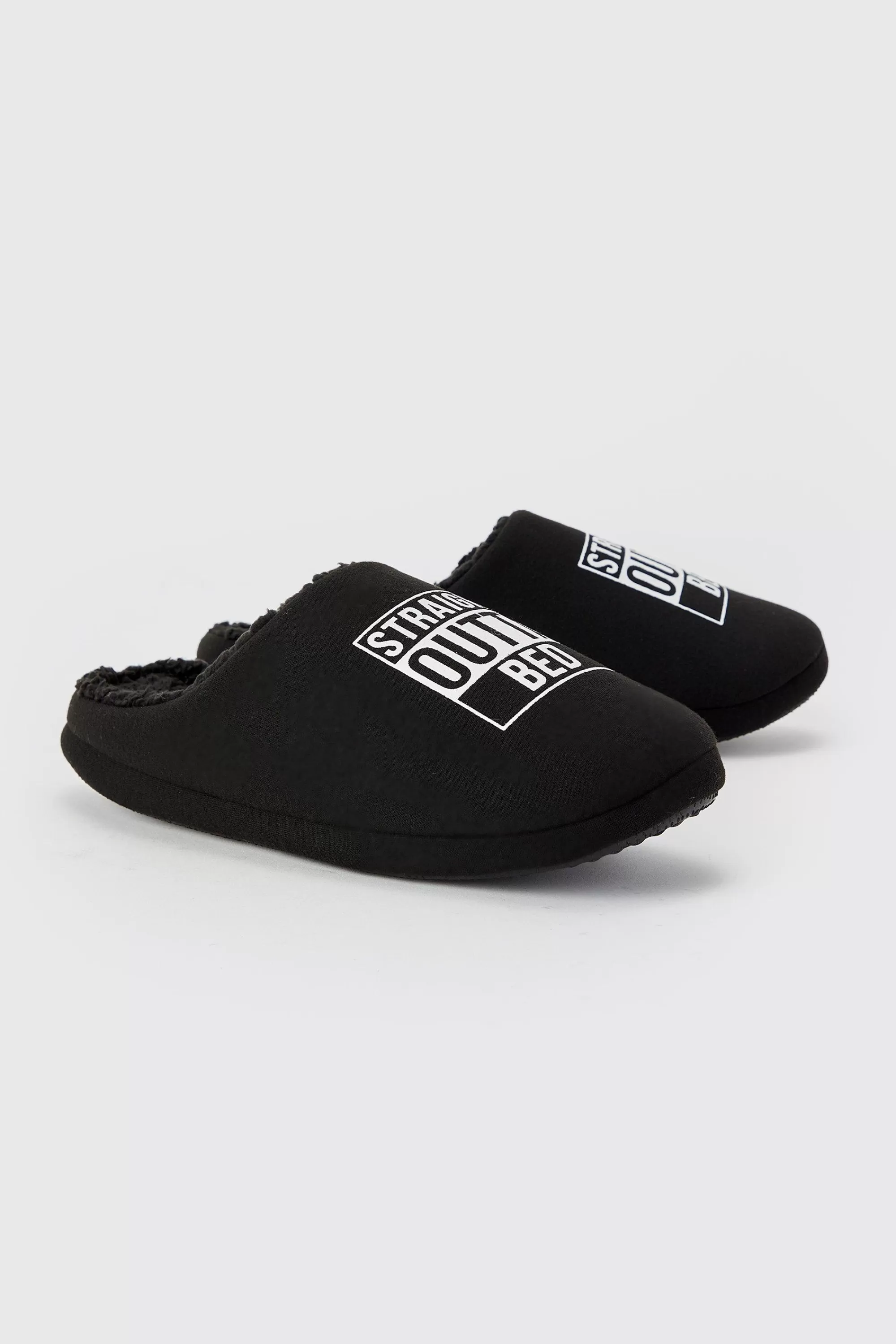 boohooMAN Straight Outta Bed Print Slippers | UK