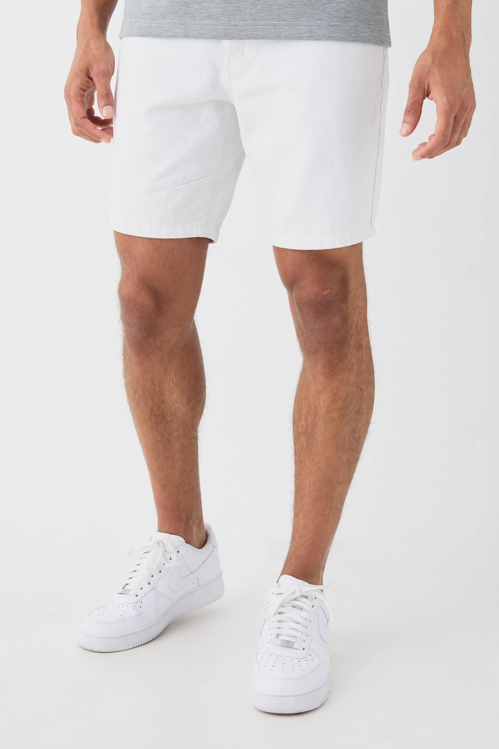 boohooMAN Straight Rigid Denim Shorts With Woven Label | UK