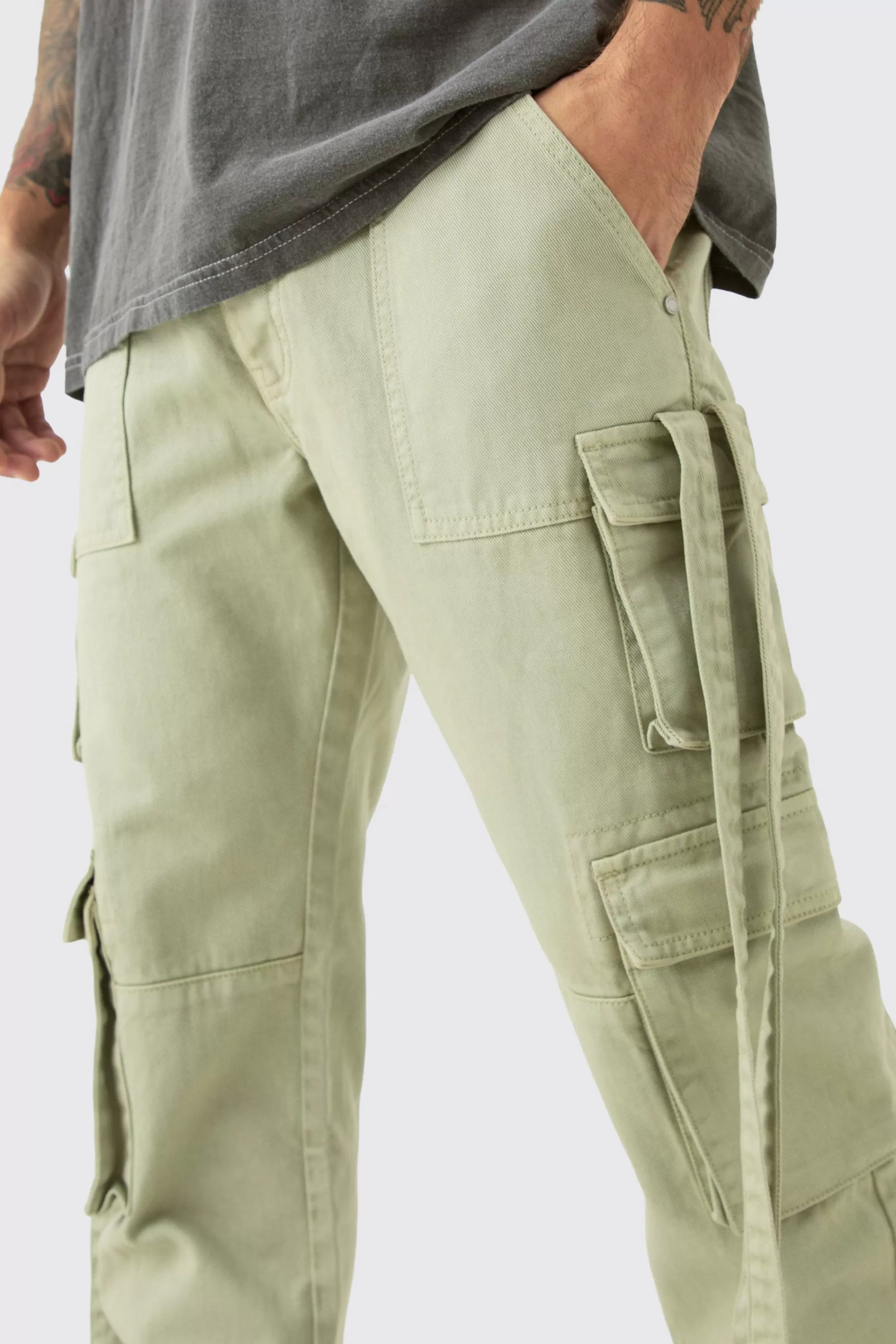 boohooMAN Straight Rigid Multi Pocket Overdye Cargo Jean In | UK