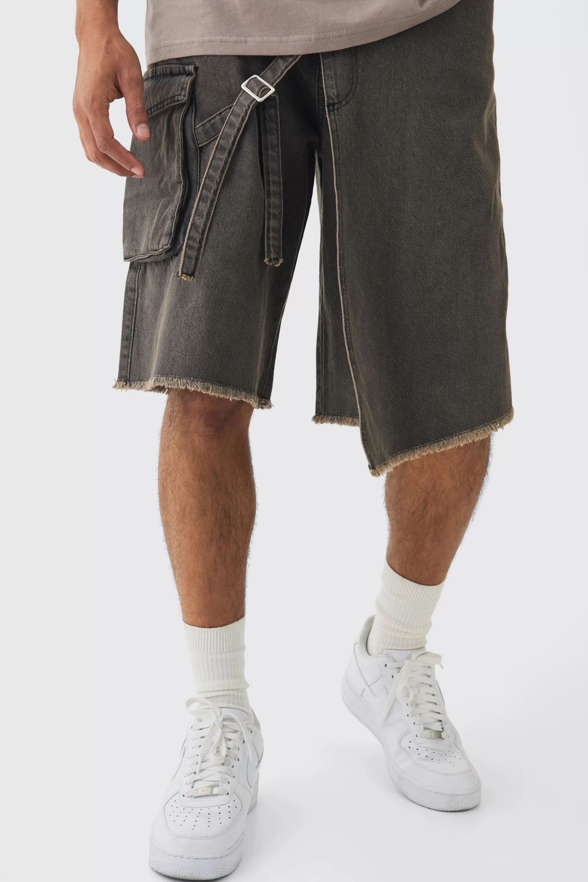 boohooMAN Strap Overlayed Denim Cargo Jorts | UK