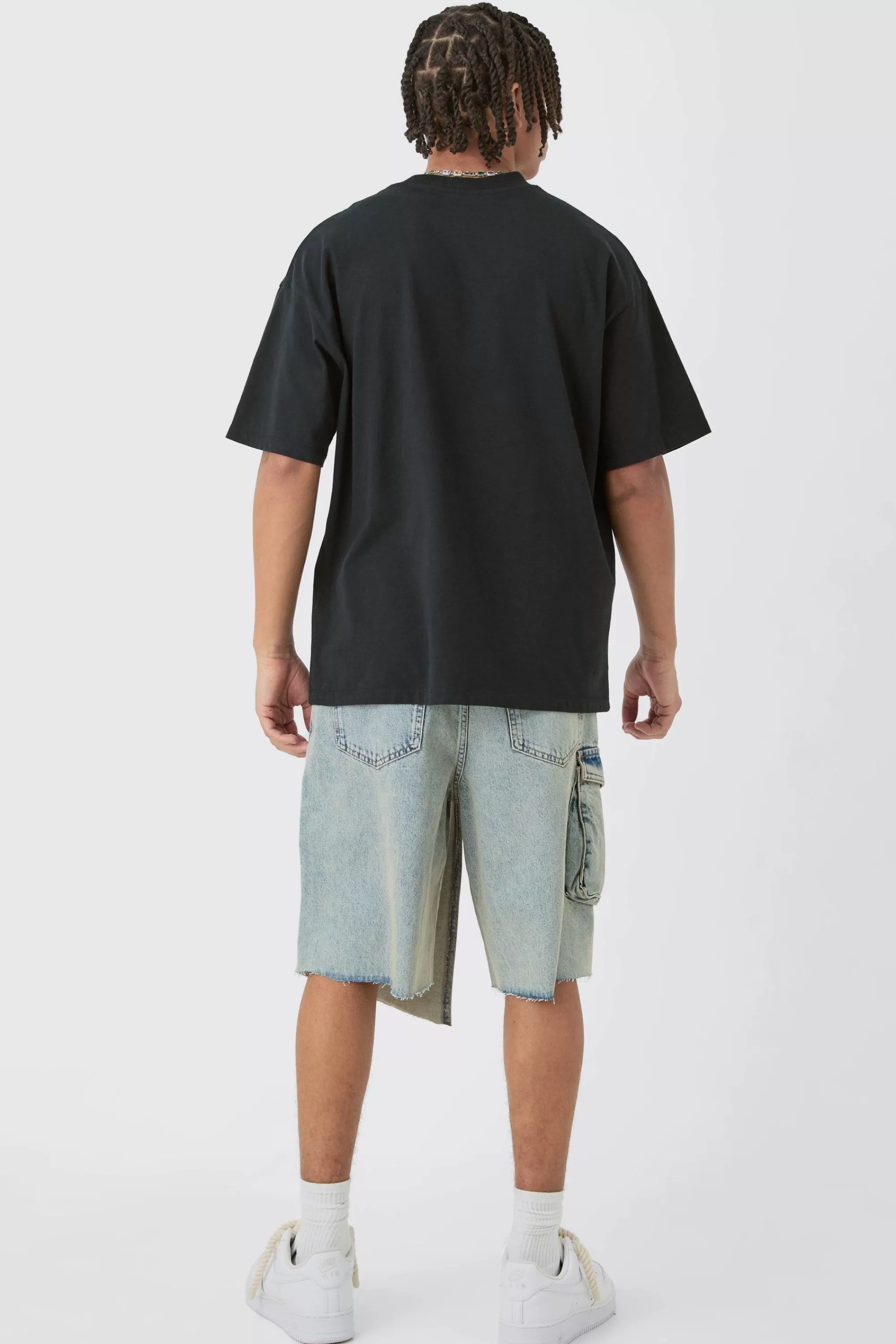boohooMAN Strap Overlayed Denim Cargo Jorts In | UK