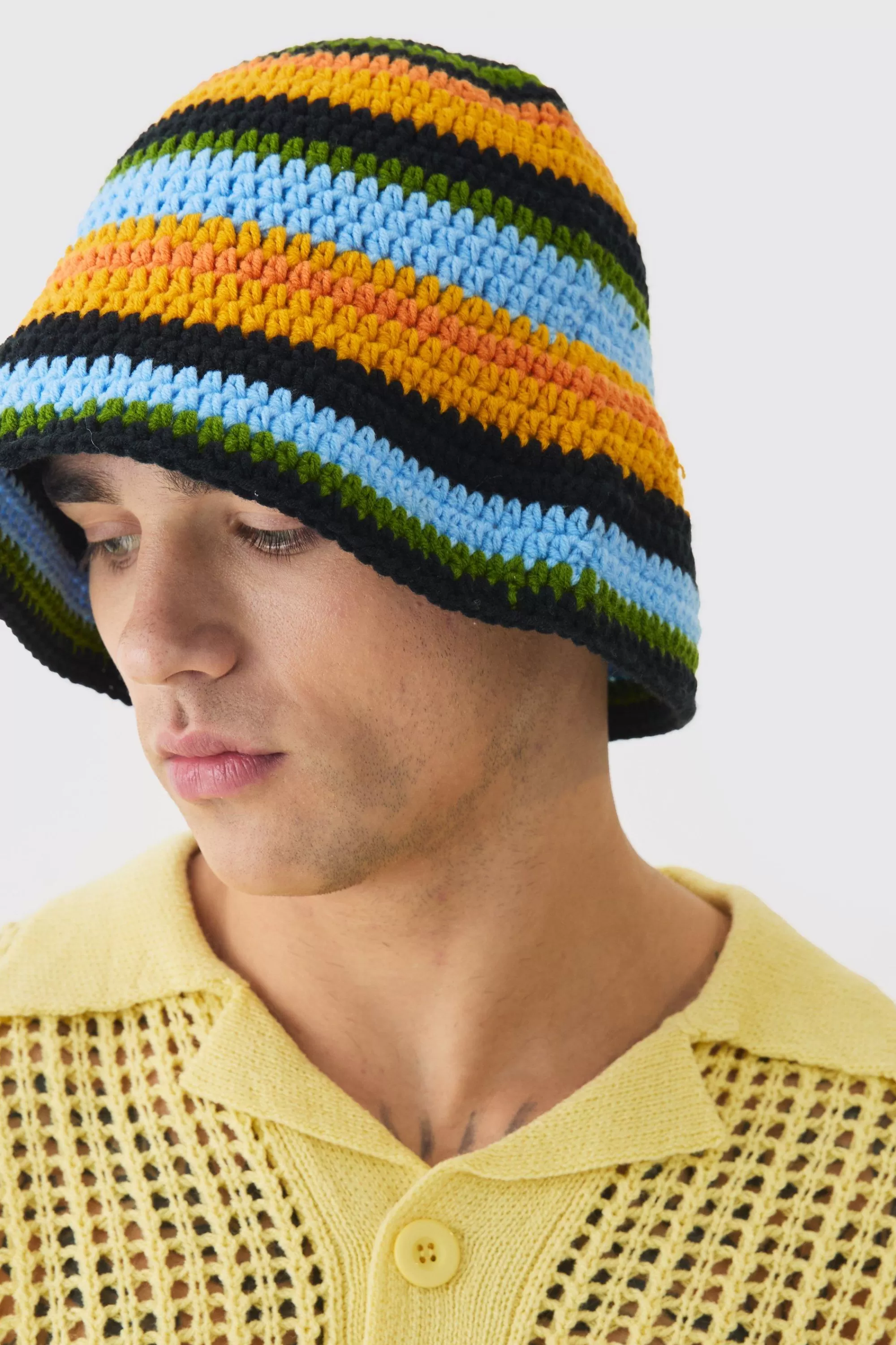 boohooMAN Stripe Crochet Bucket Hat In | UK