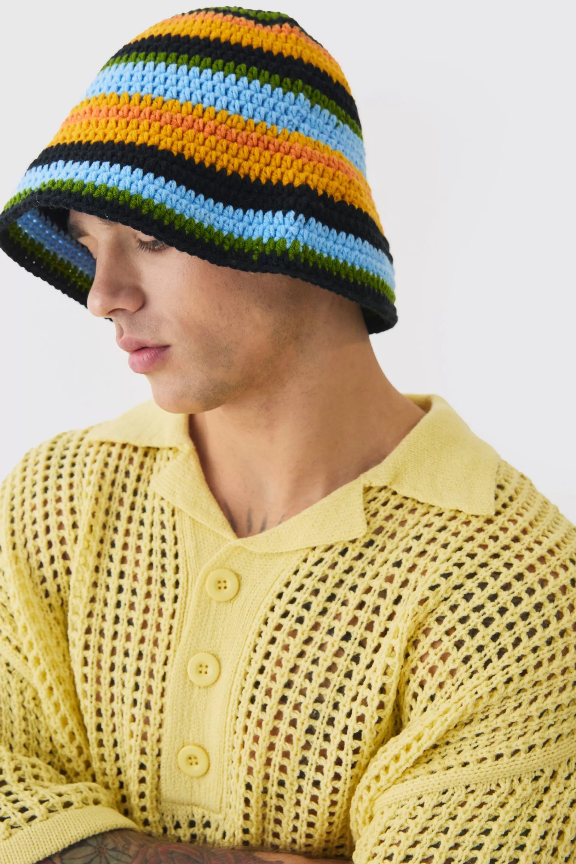 boohooMAN Stripe Crochet Bucket Hat In | UK