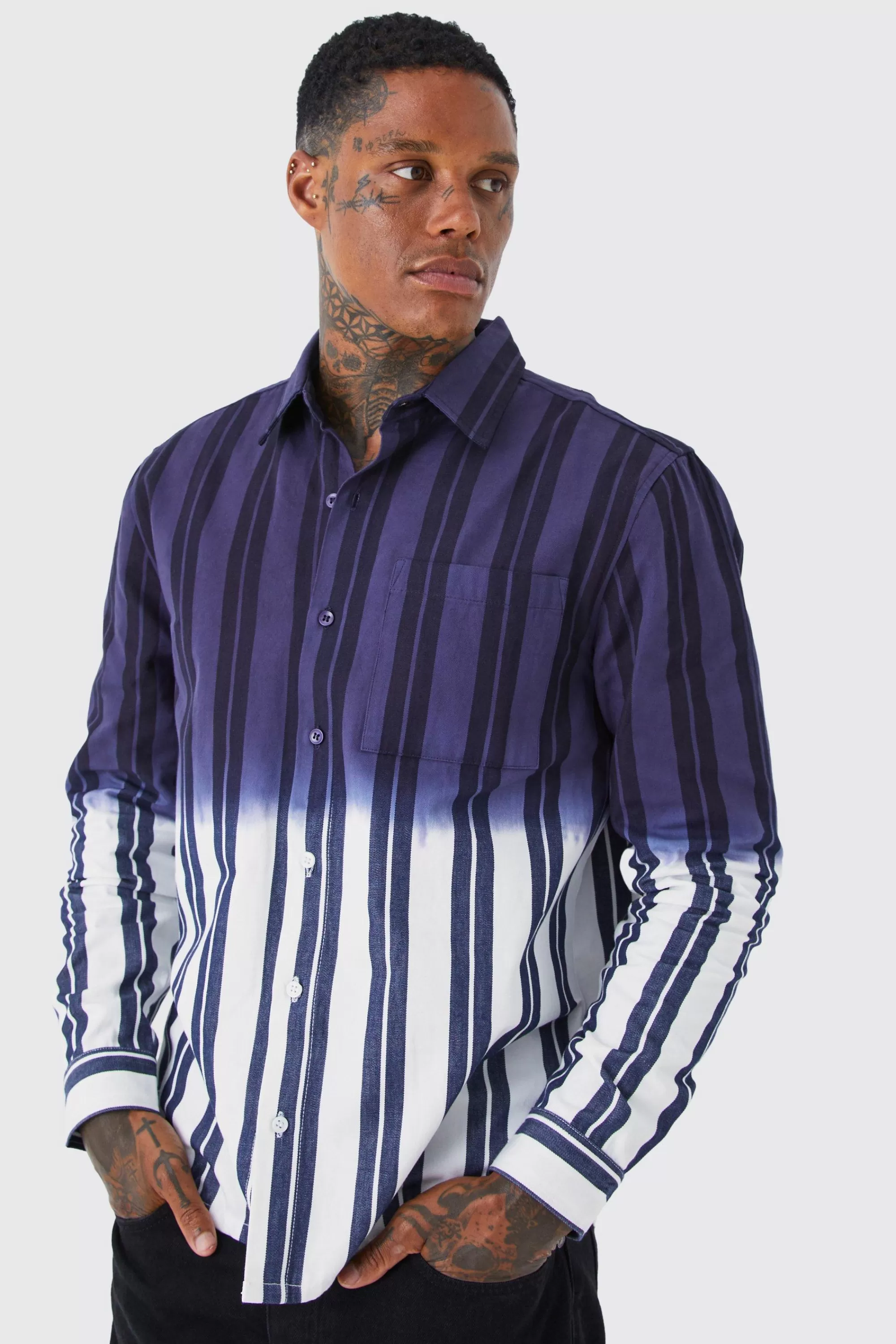 boohooMAN Striped Ombre Twill Overshirt | UK