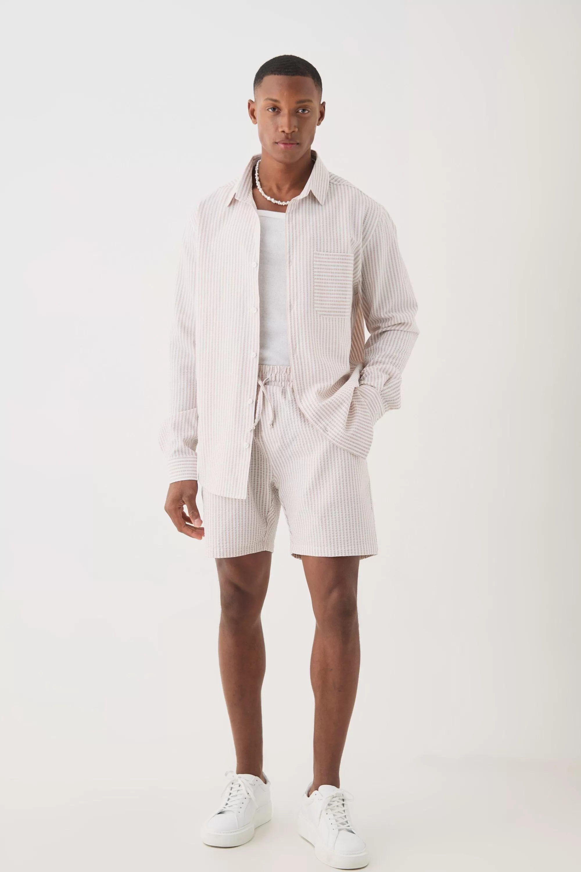 boohooMAN Striped Seersucker Overshirt & Short Set | UK
