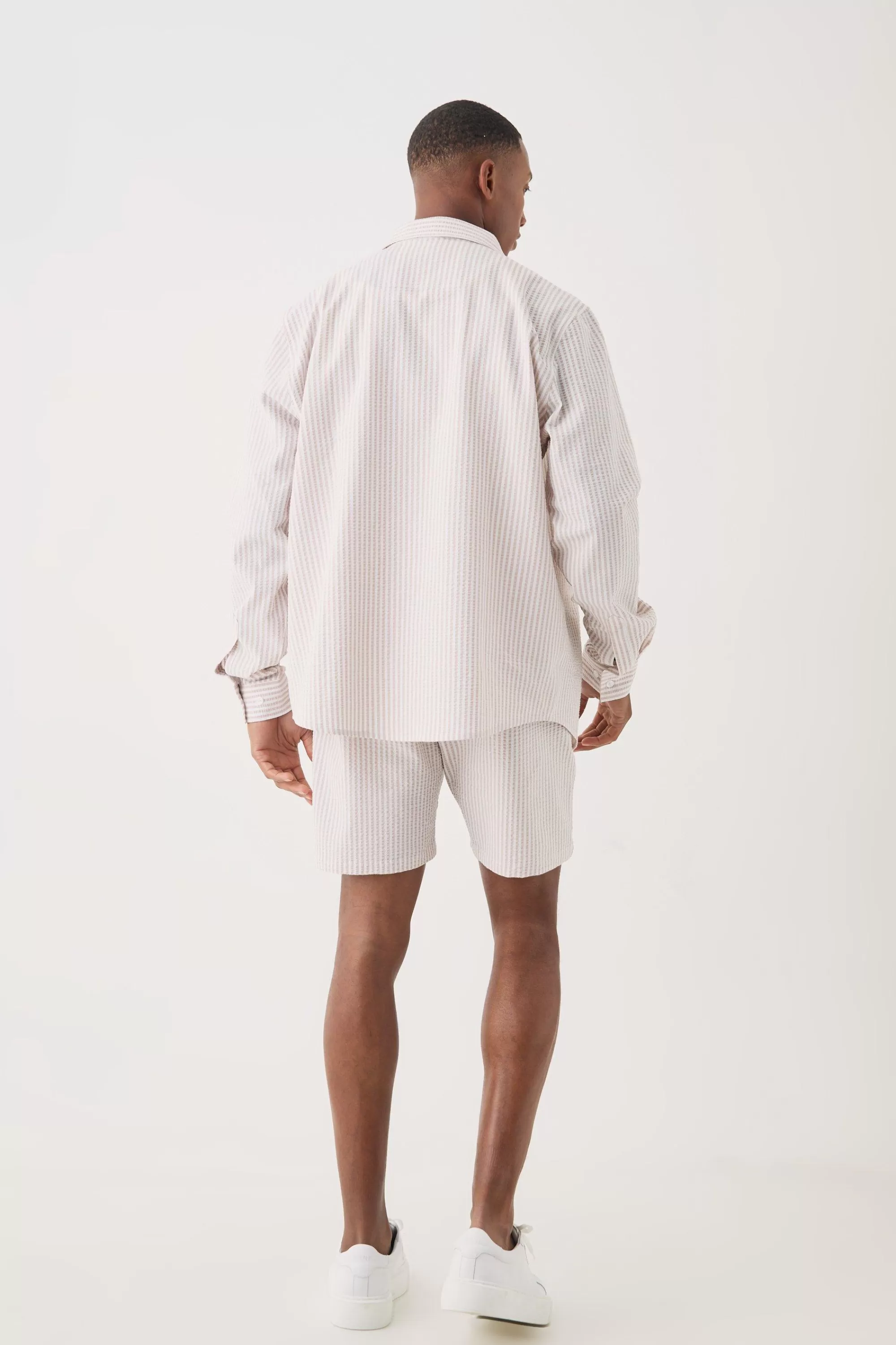 boohooMAN Striped Seersucker Overshirt & Short Set | UK