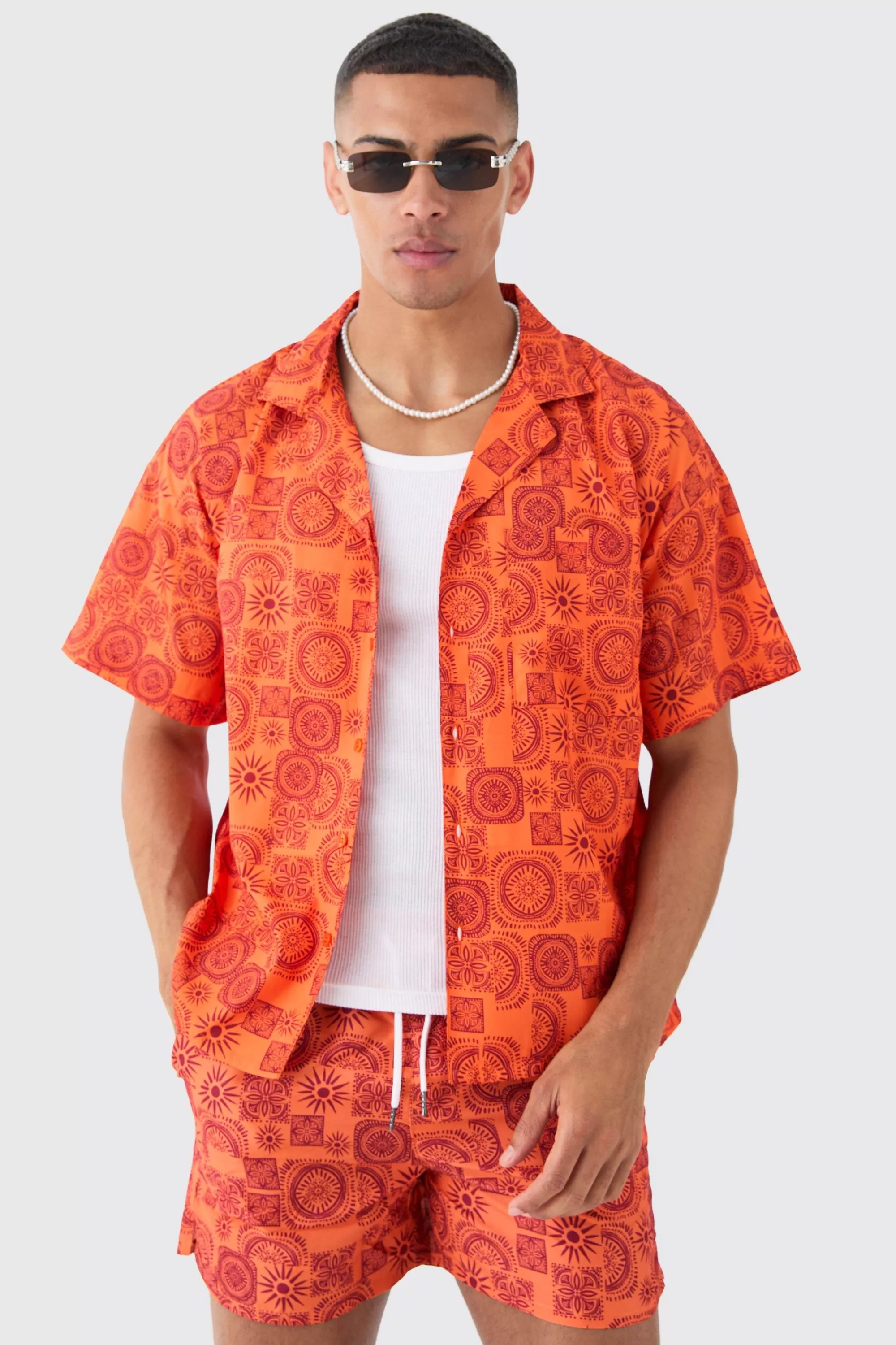 boohooMAN Sun Tile Shirt & Swim Short Set | UK