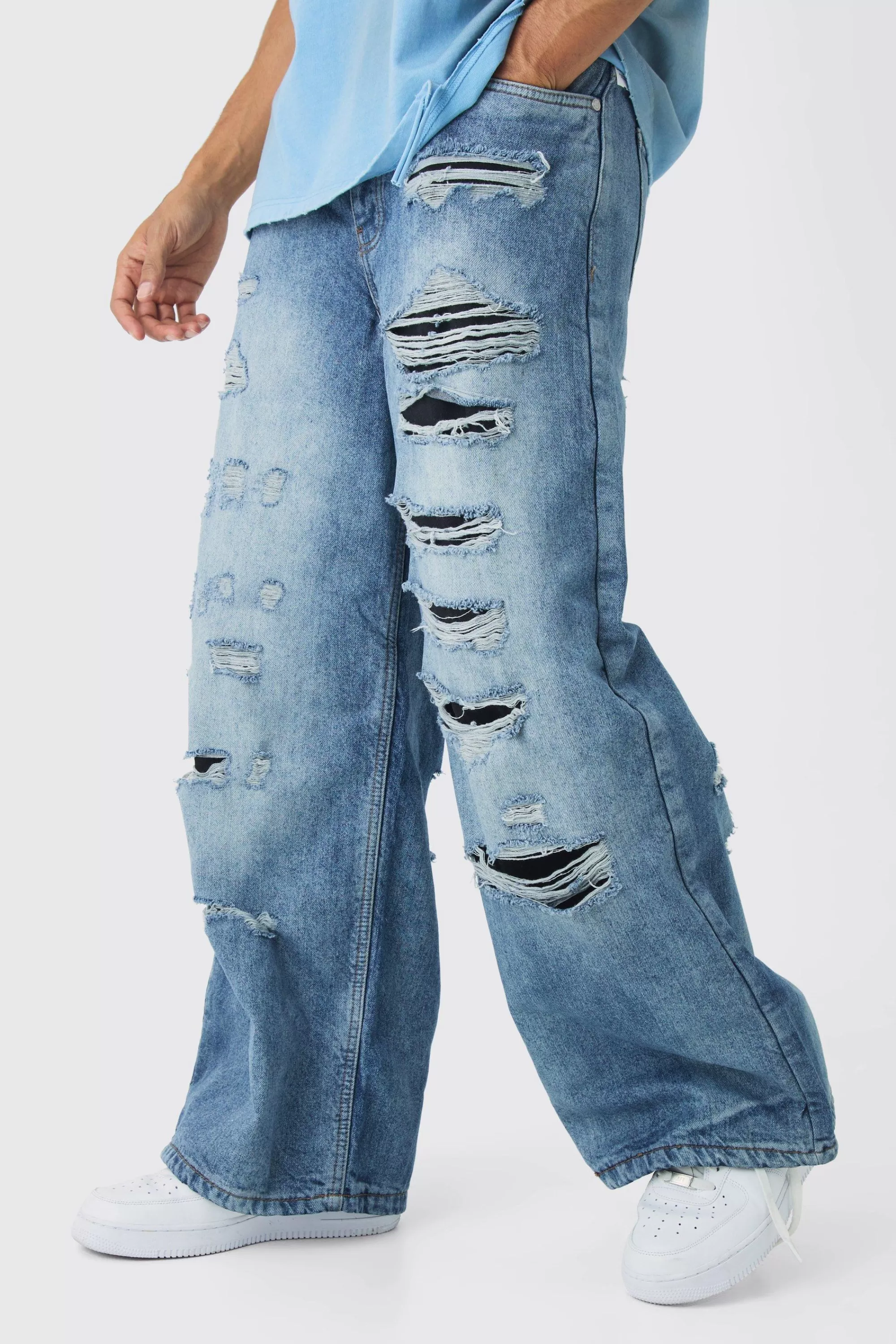 boohooMAN Super Baggy Rigid Rip & Repair Jeans | UK