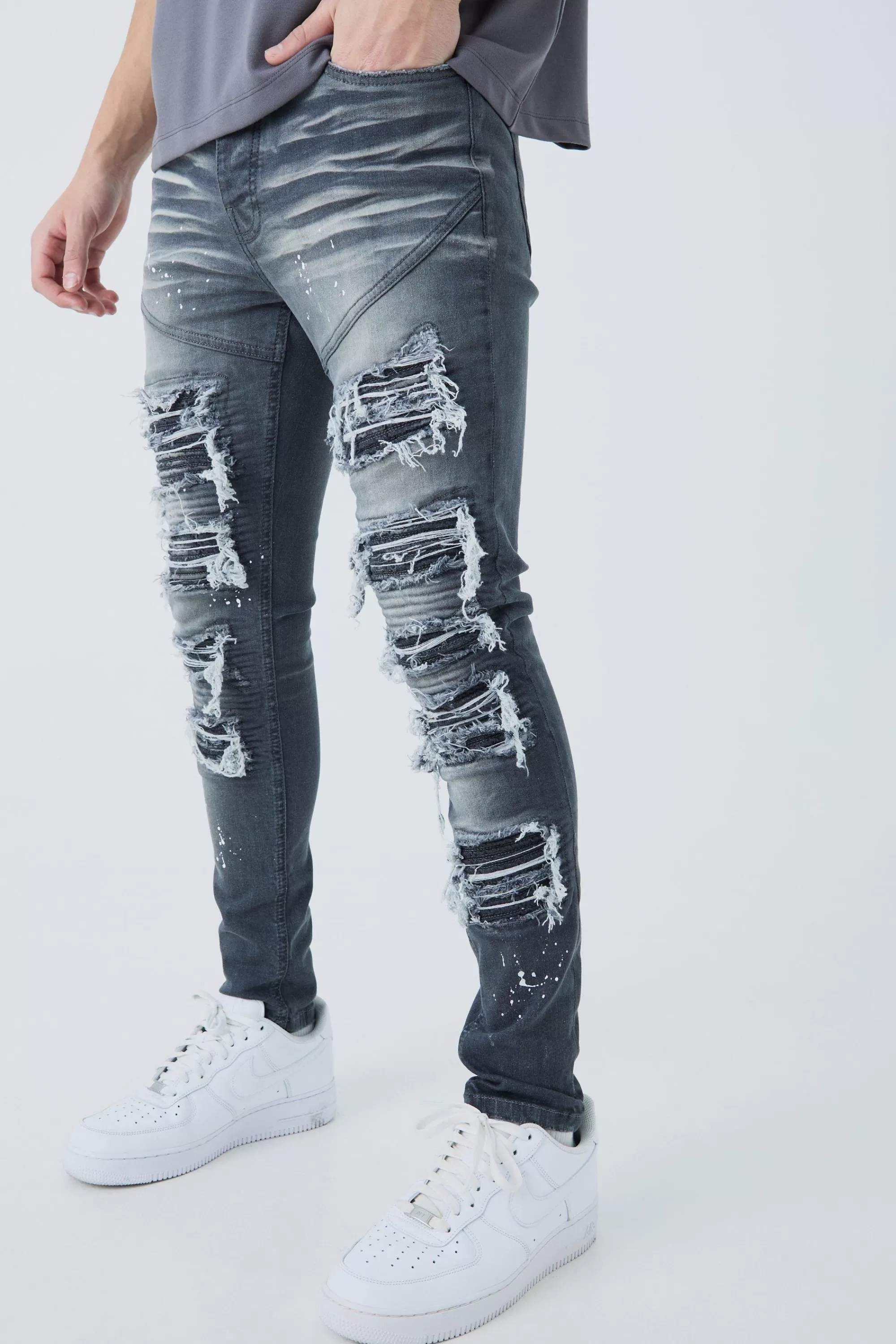 boohooMAN Super Skinny Biker Rip & Repair Paint Splatter Jeans | UK