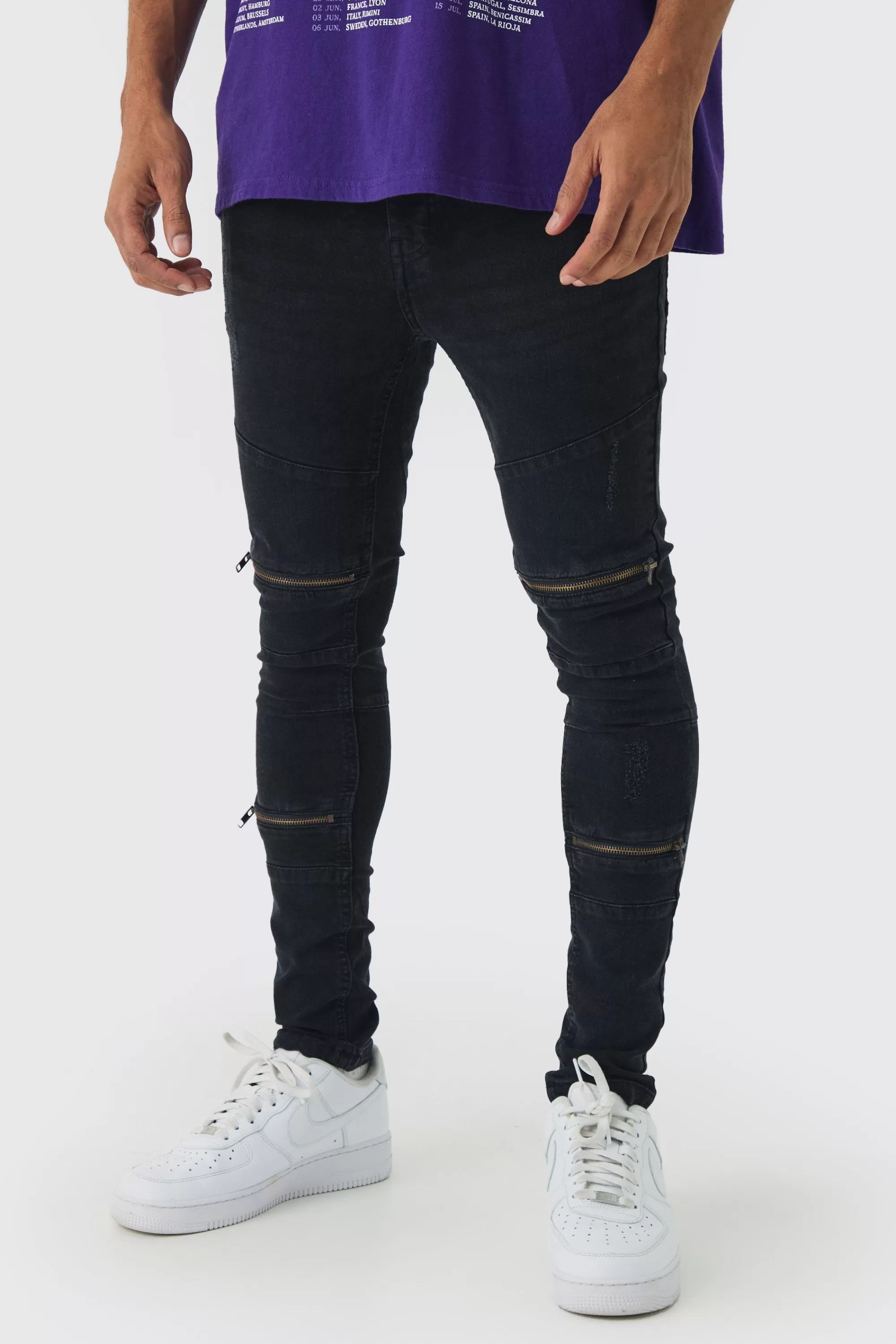 boohooMAN Super Skinny Biker Zip Detail Jeans | UK