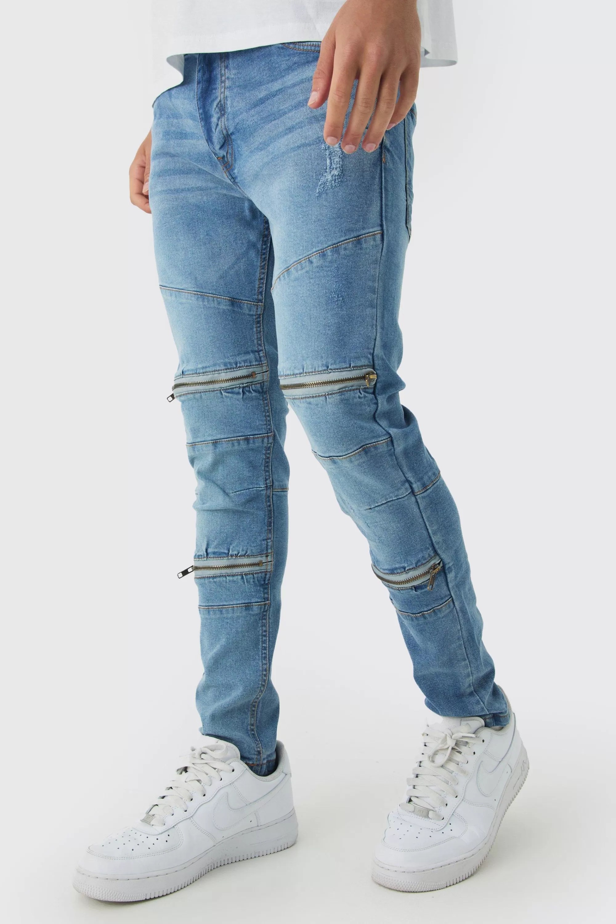 boohooMAN Super Skinny Biker Zip Detail Jeans | UK