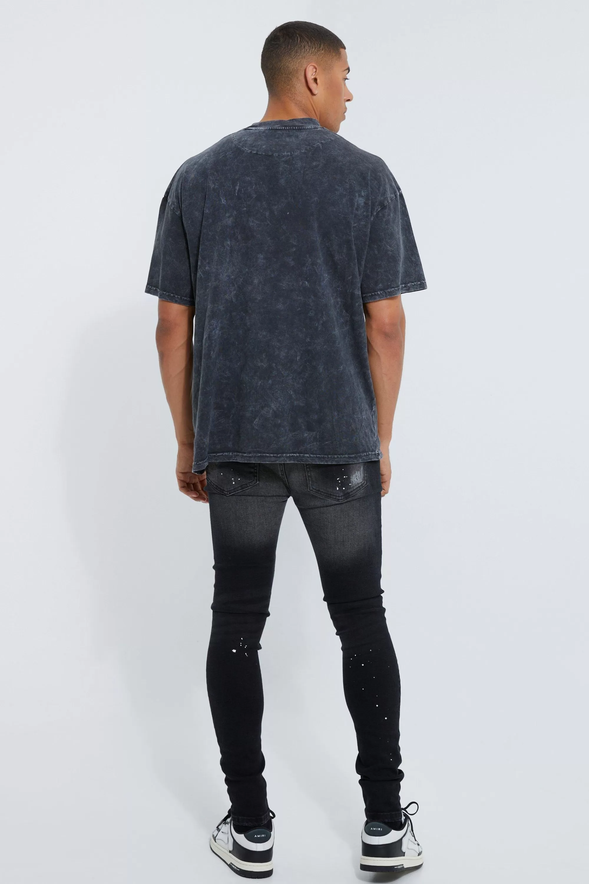 boohooMAN Super Skinny Distressed Paint Splat Jeans | UK