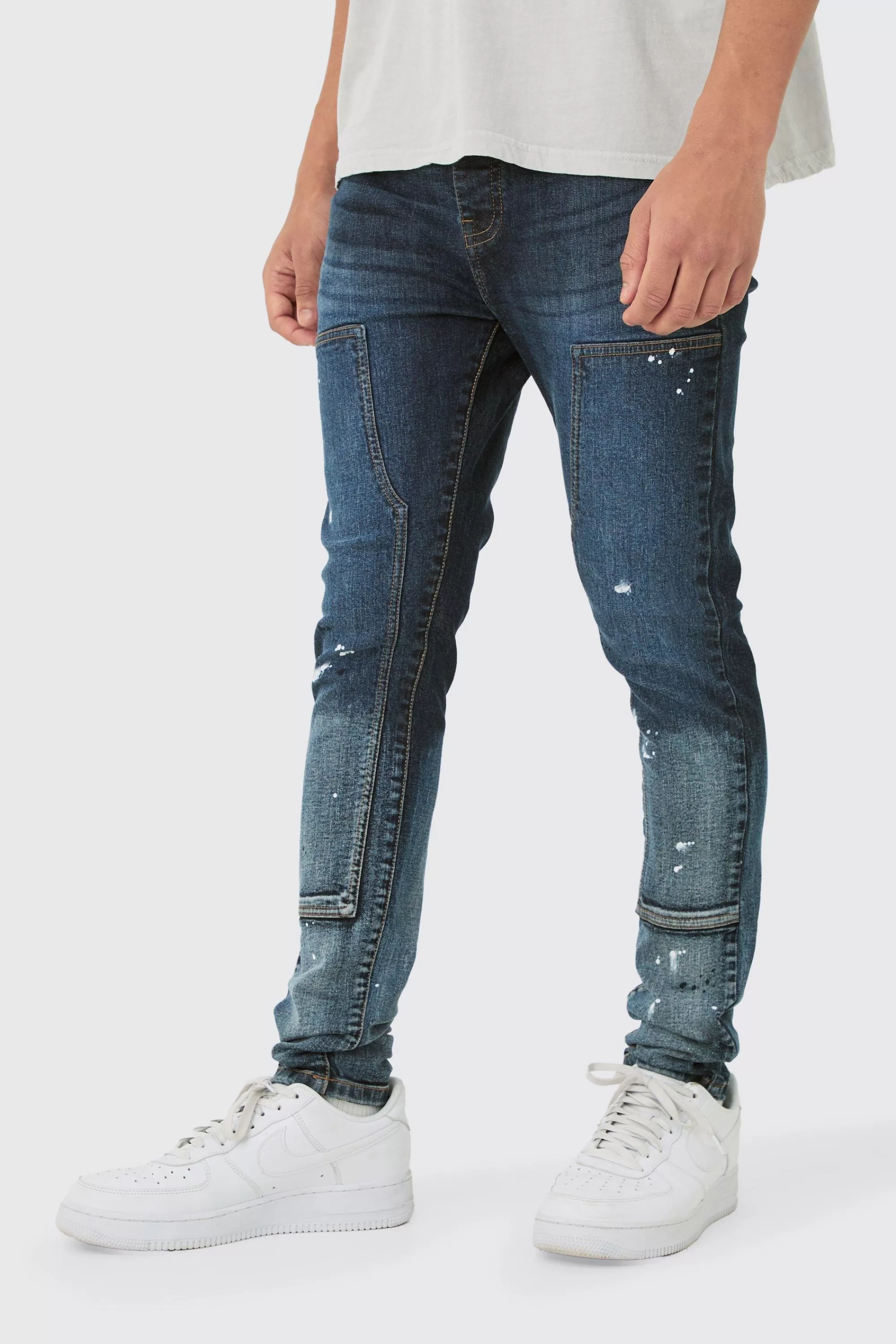 boohooMAN Super Skinny Stretch Carpenter Paint Splatter Jean In Ombre | UK