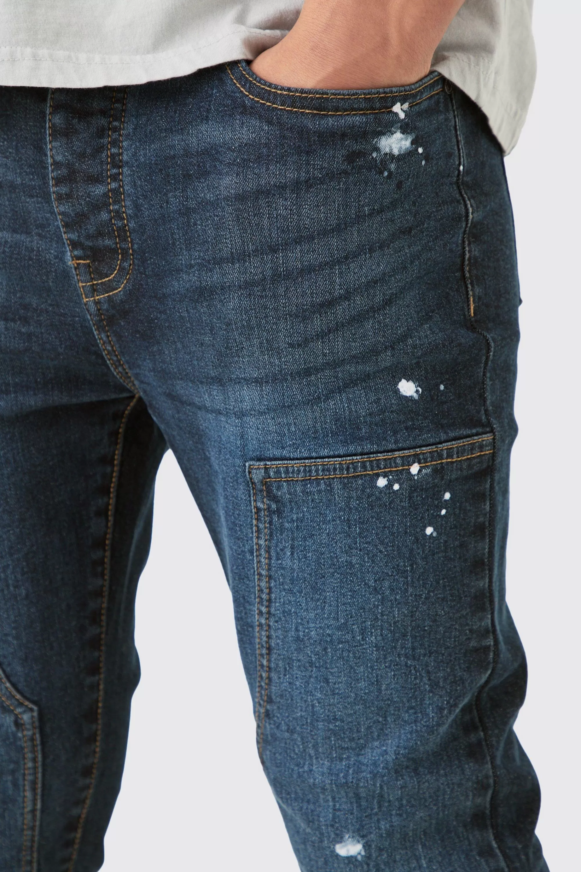 boohooMAN Super Skinny Stretch Carpenter Paint Splatter Jean In Ombre | UK