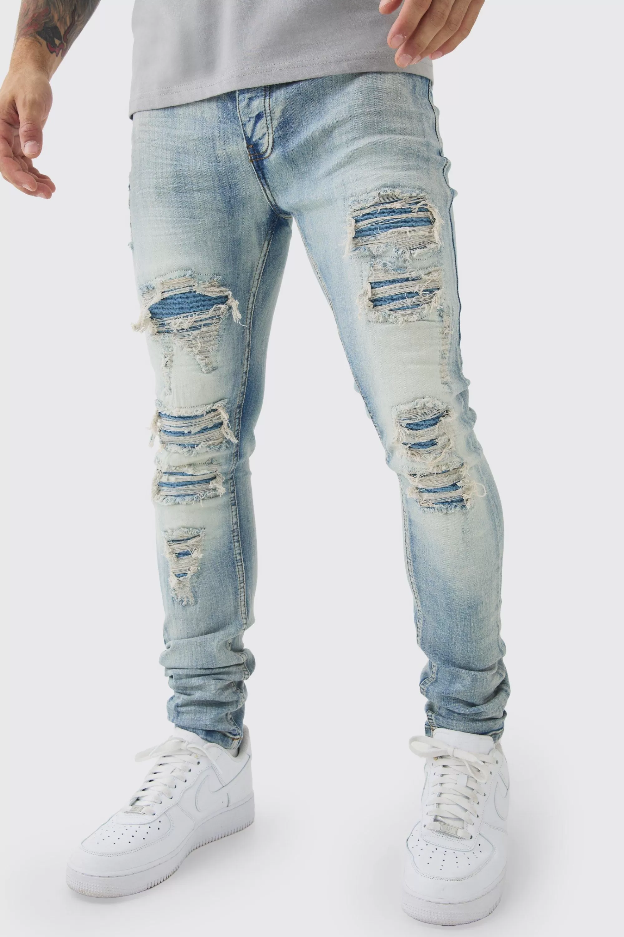 boohooMAN Super Skinny Stretch Pale Blue Biker Rip & Repair Jeans | UK