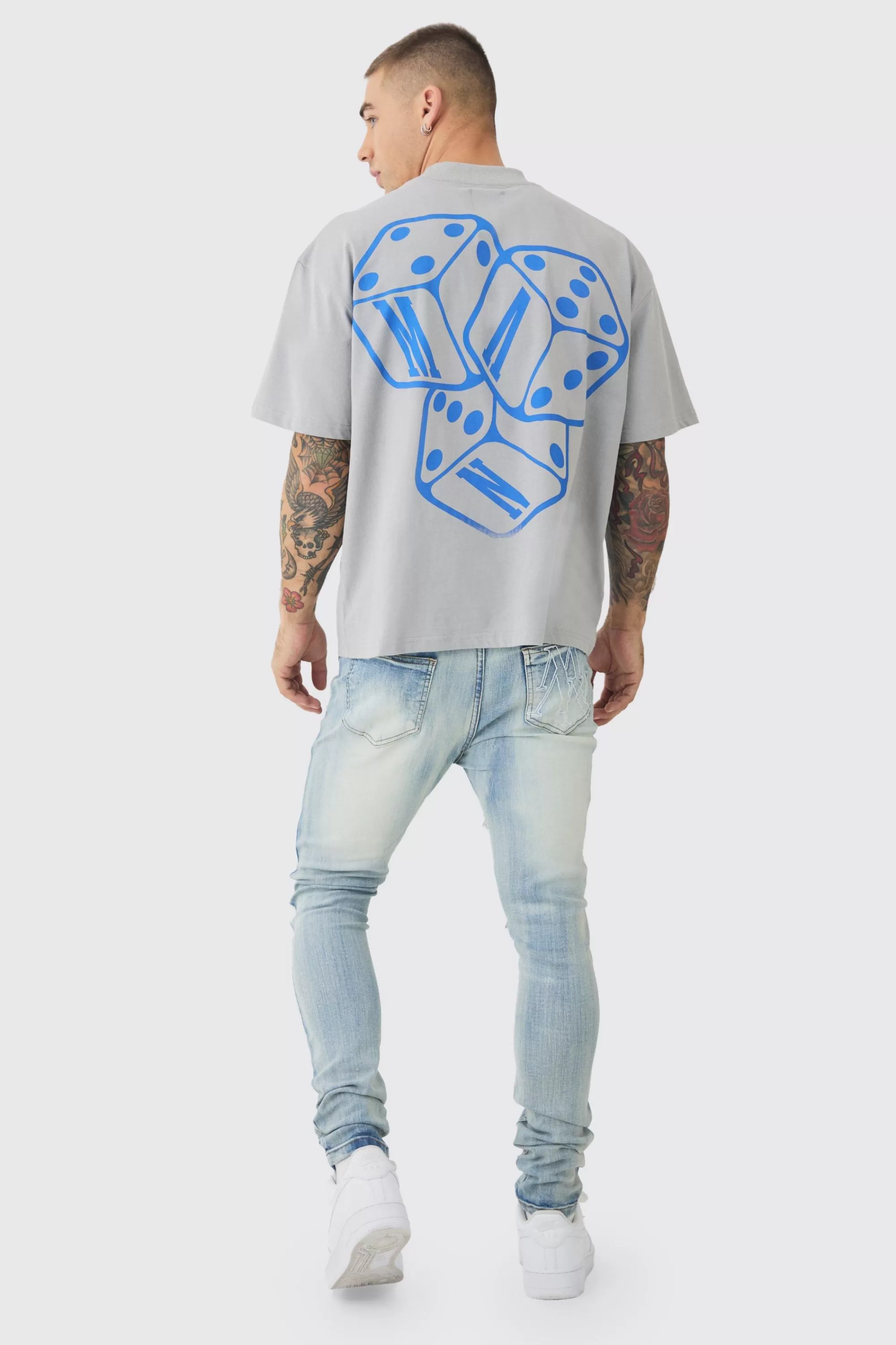 boohooMAN Super Skinny Stretch Pale Blue Biker Rip & Repair Jeans | UK