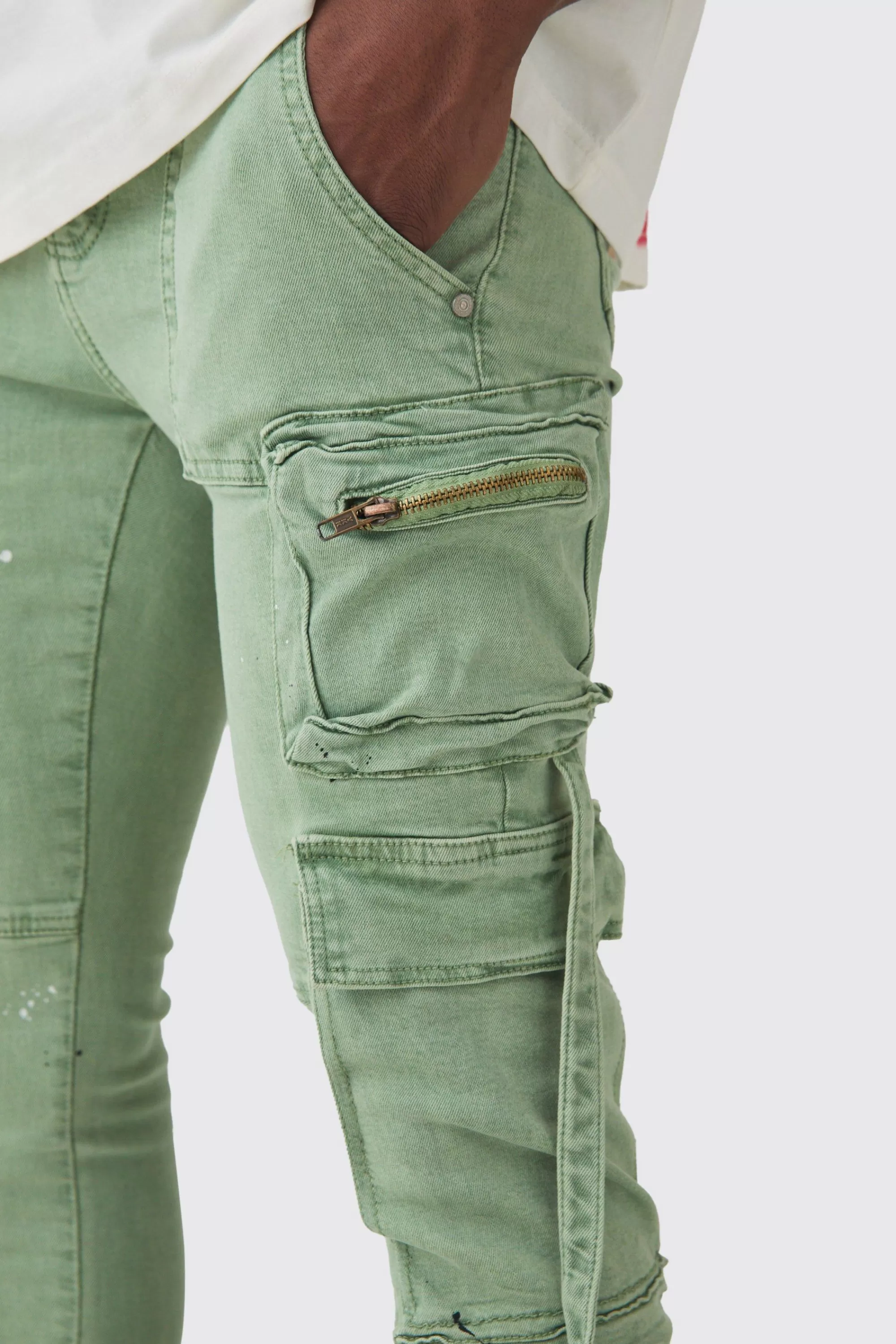 boohooMAN Super Skinny Stretch Strap Detail Paint Splatter Cargo Jeans | UK