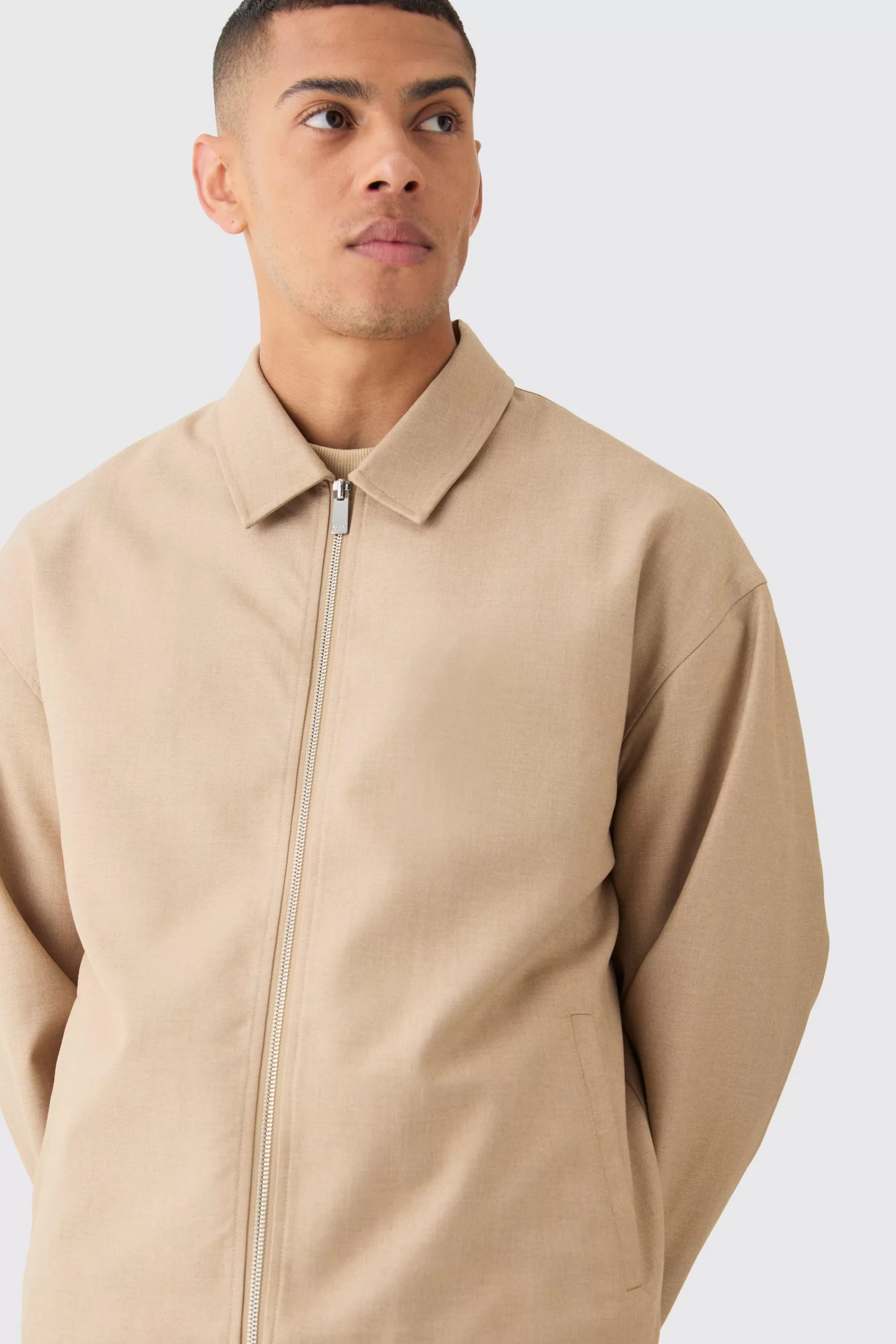 boohooMAN Tailored Zip Up Boxy Fit Harrington Smart Set | UK