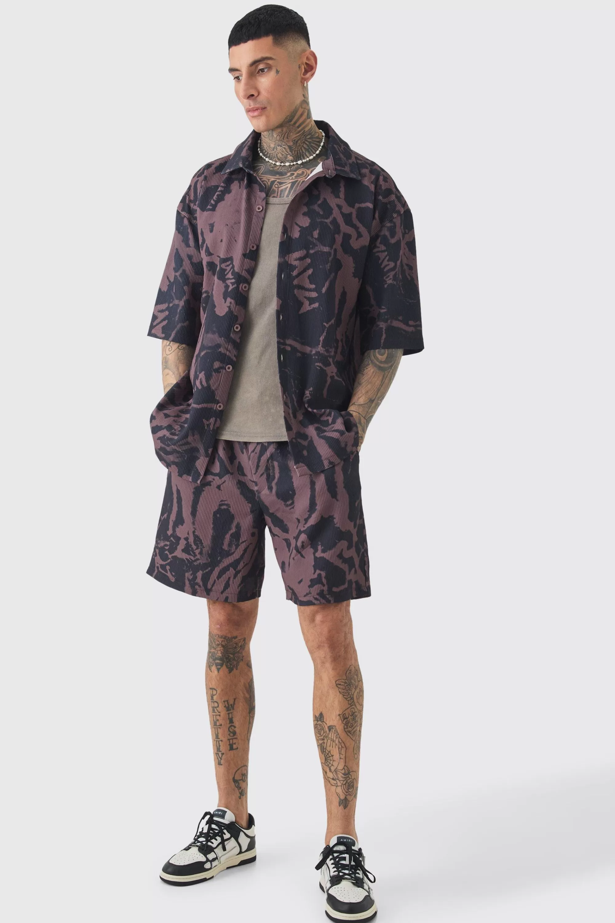 boohooMAN Tall Abstract Printed Oversized Short Sleeve Pleated Shirt & Short Set | UK