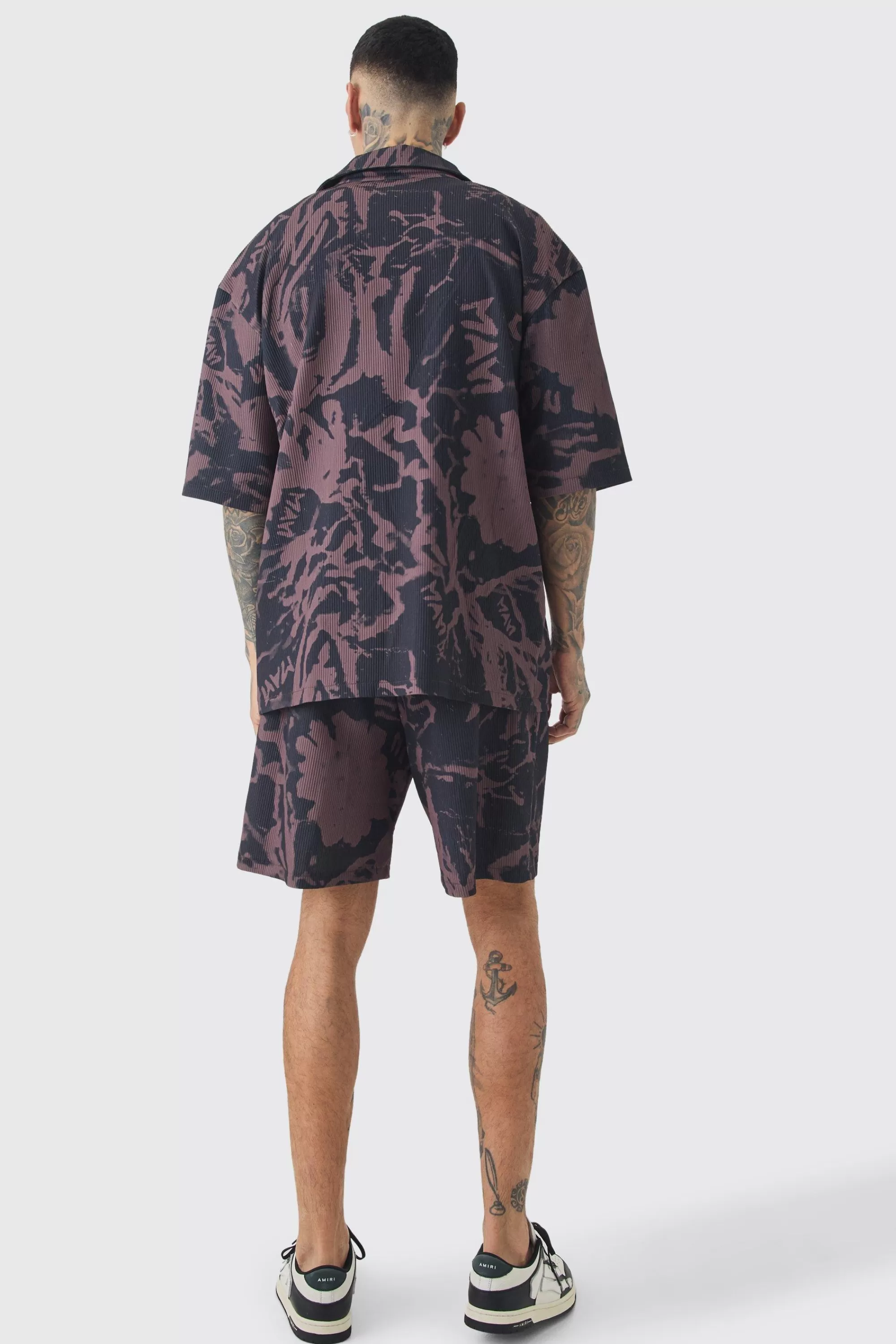 boohooMAN Tall Abstract Printed Oversized Short Sleeve Pleated Shirt & Short Set | UK