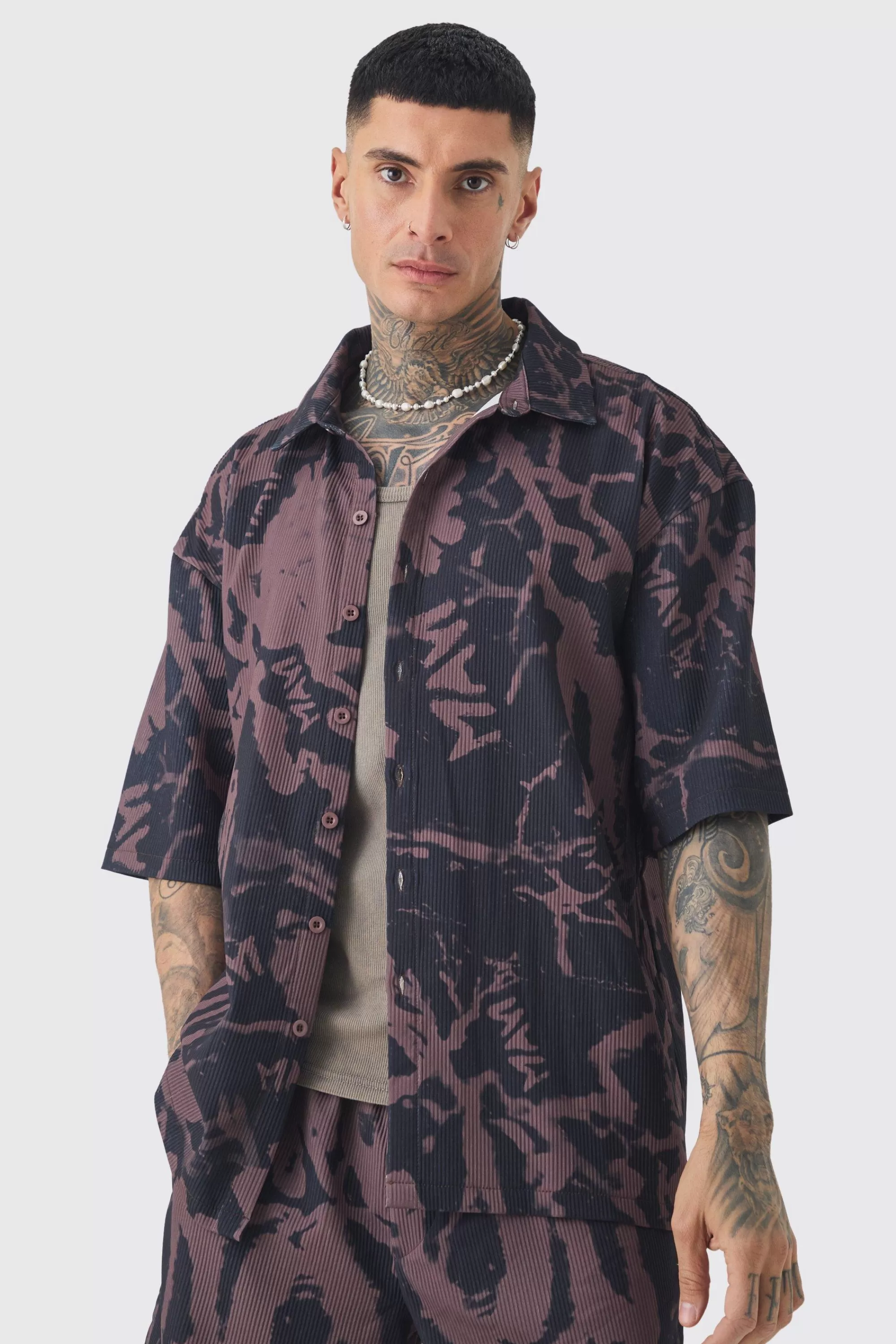 boohooMAN Tall Abstract Printed Oversized Short Sleeve Pleated Shirt & Short Set | UK