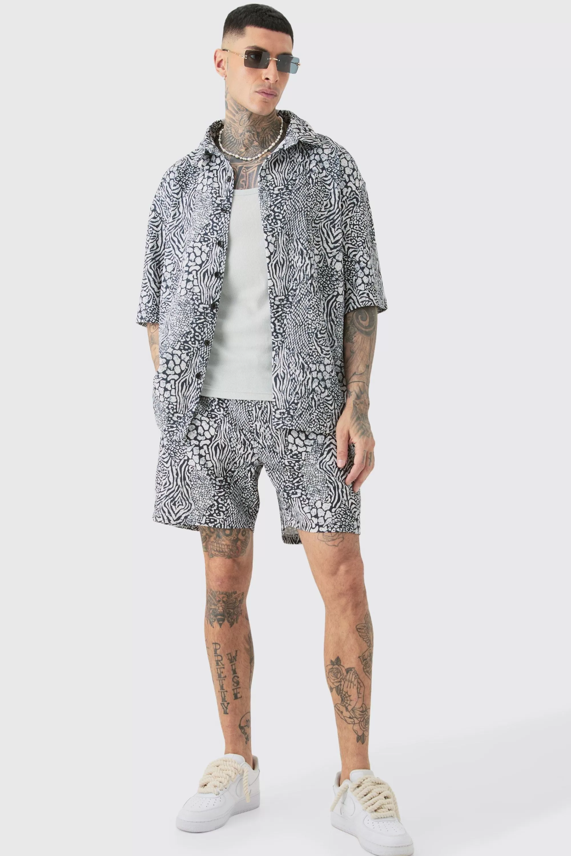 boohooMAN Tall Animal Printed Oversized Short Sleeve Pleated Shirt & Short Set | UK