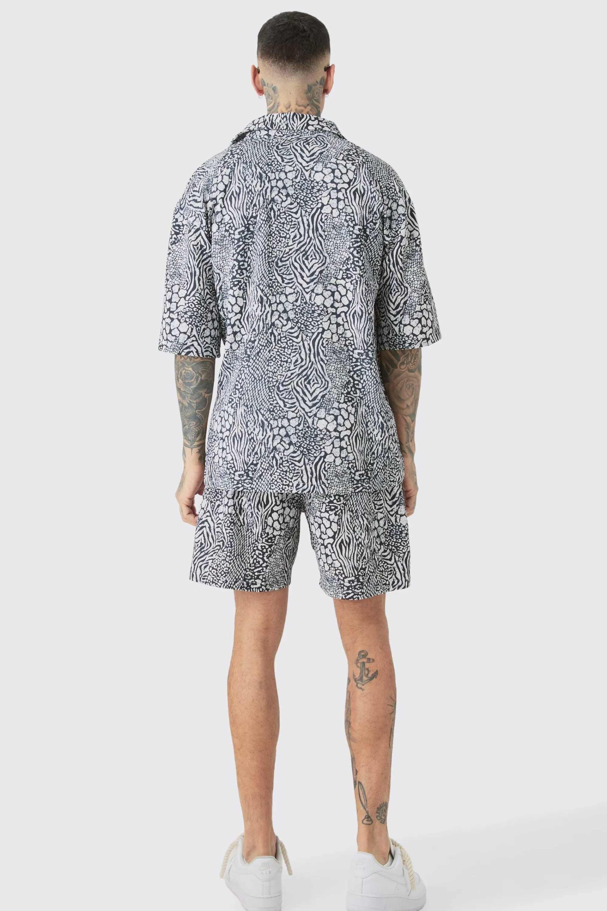 boohooMAN Tall Animal Printed Oversized Short Sleeve Pleated Shirt & Short Set | UK