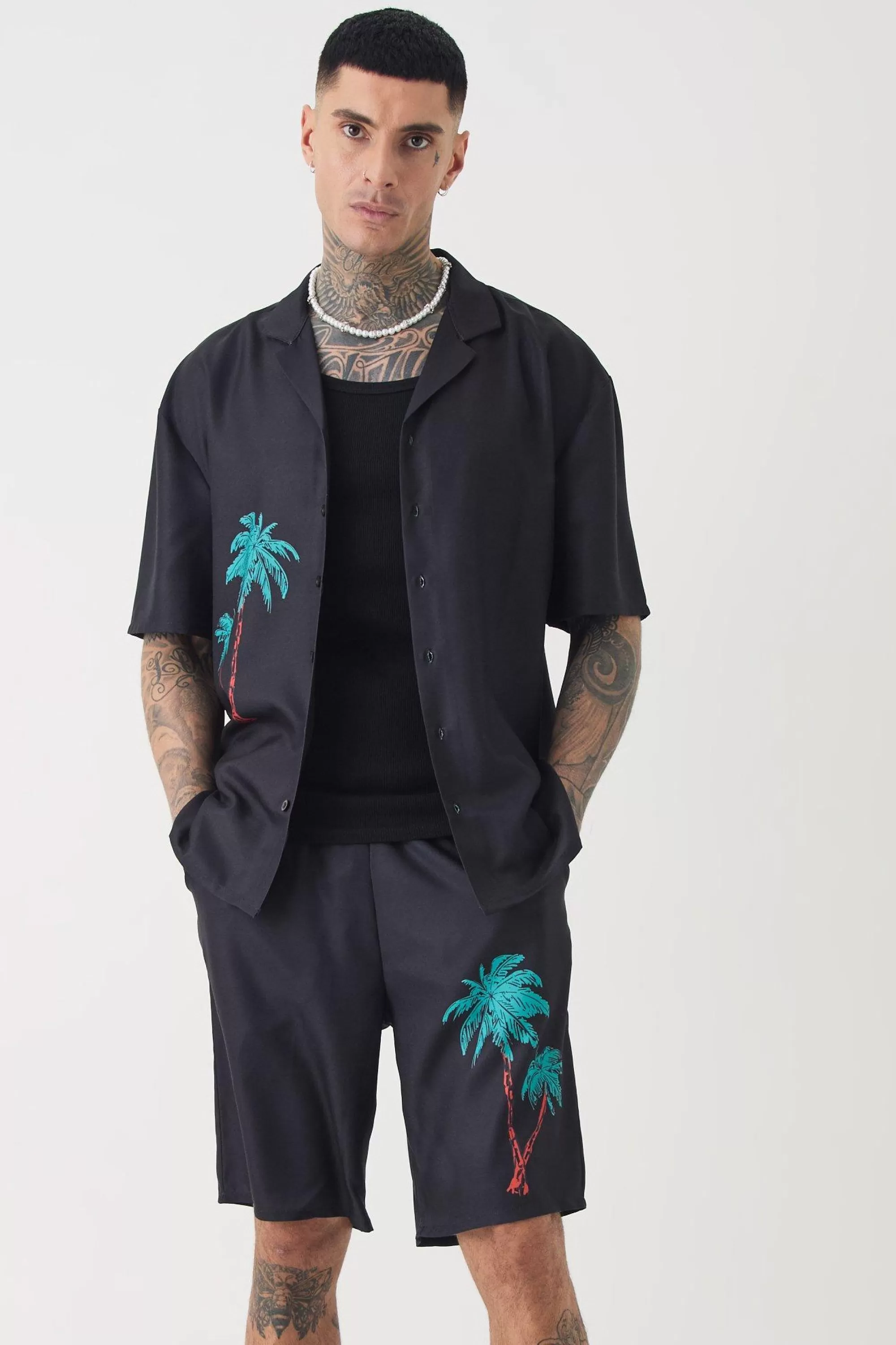 boohooMAN Tall Back Print Linen Look Shirt & Short Set | UK
